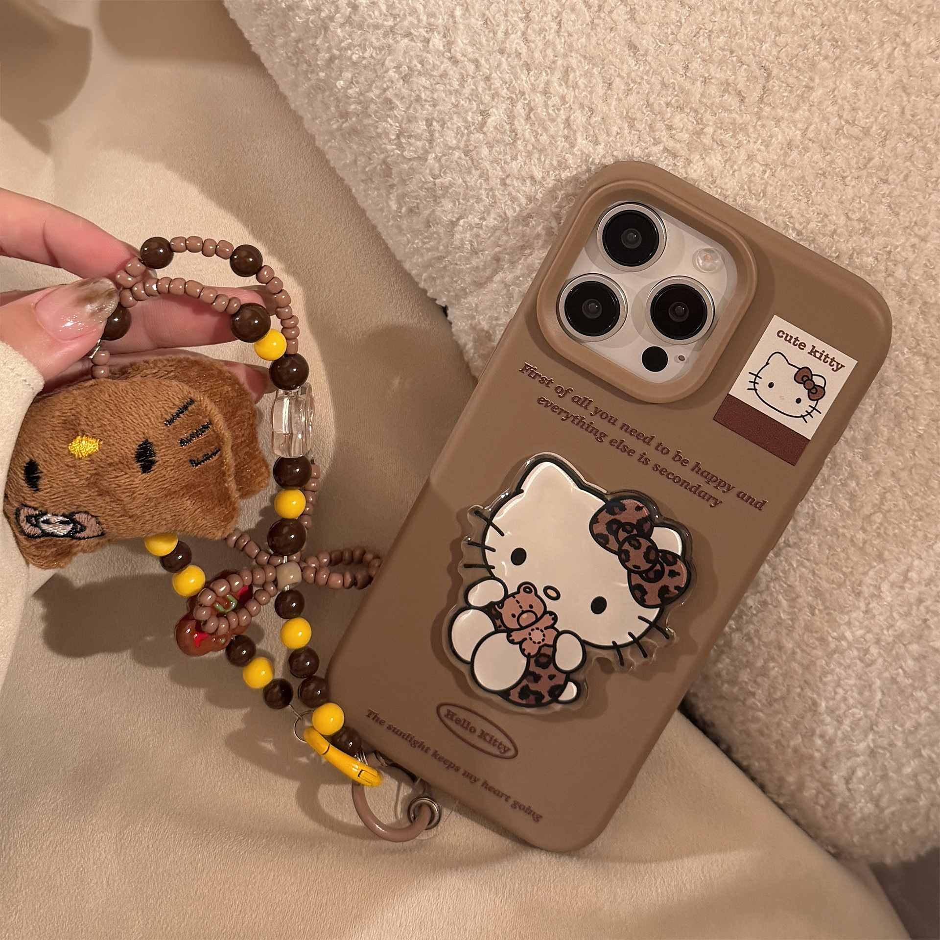Suitable for Apple 17 mobile phone case brown leopard pattern cat sticker iphone14 stereo 15promax hanging chain