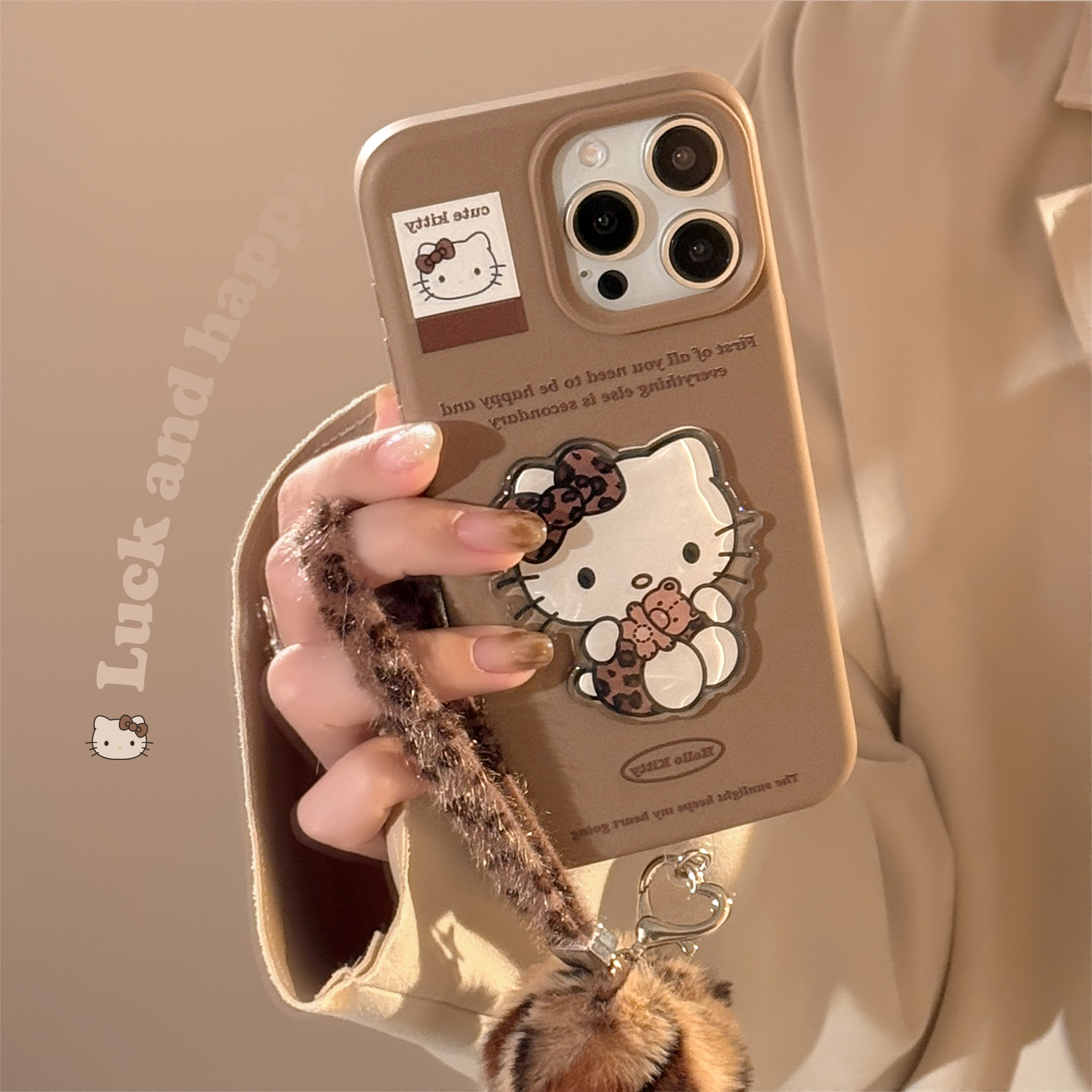 Suitable for Apple 17 mobile phone case brown leopard pattern cat sticker iphone14 stereo 15promax hanging chain