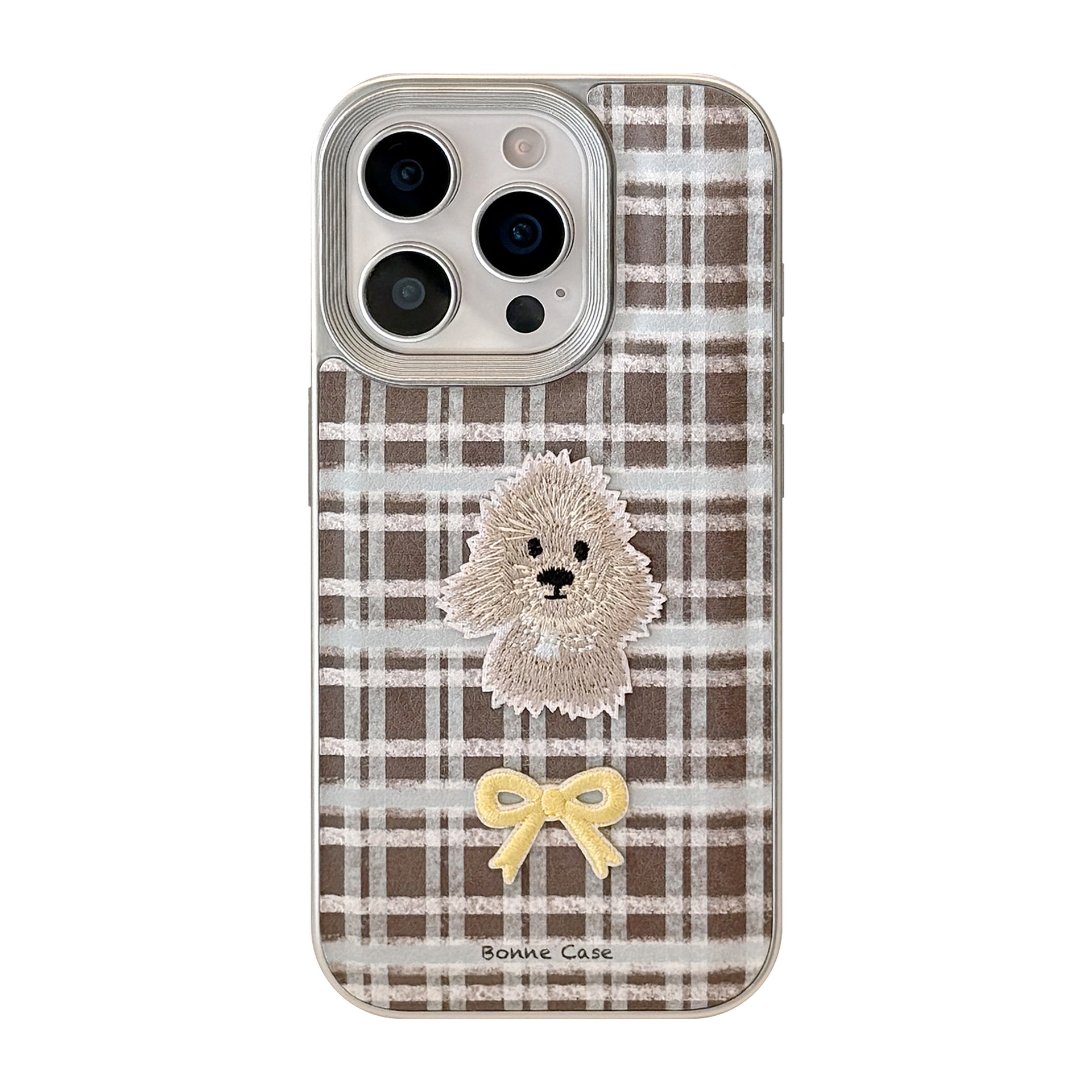 Plaid embroidered puppy Apple 16 mobile phone case 17promax suitable for iPhone15 retro leather