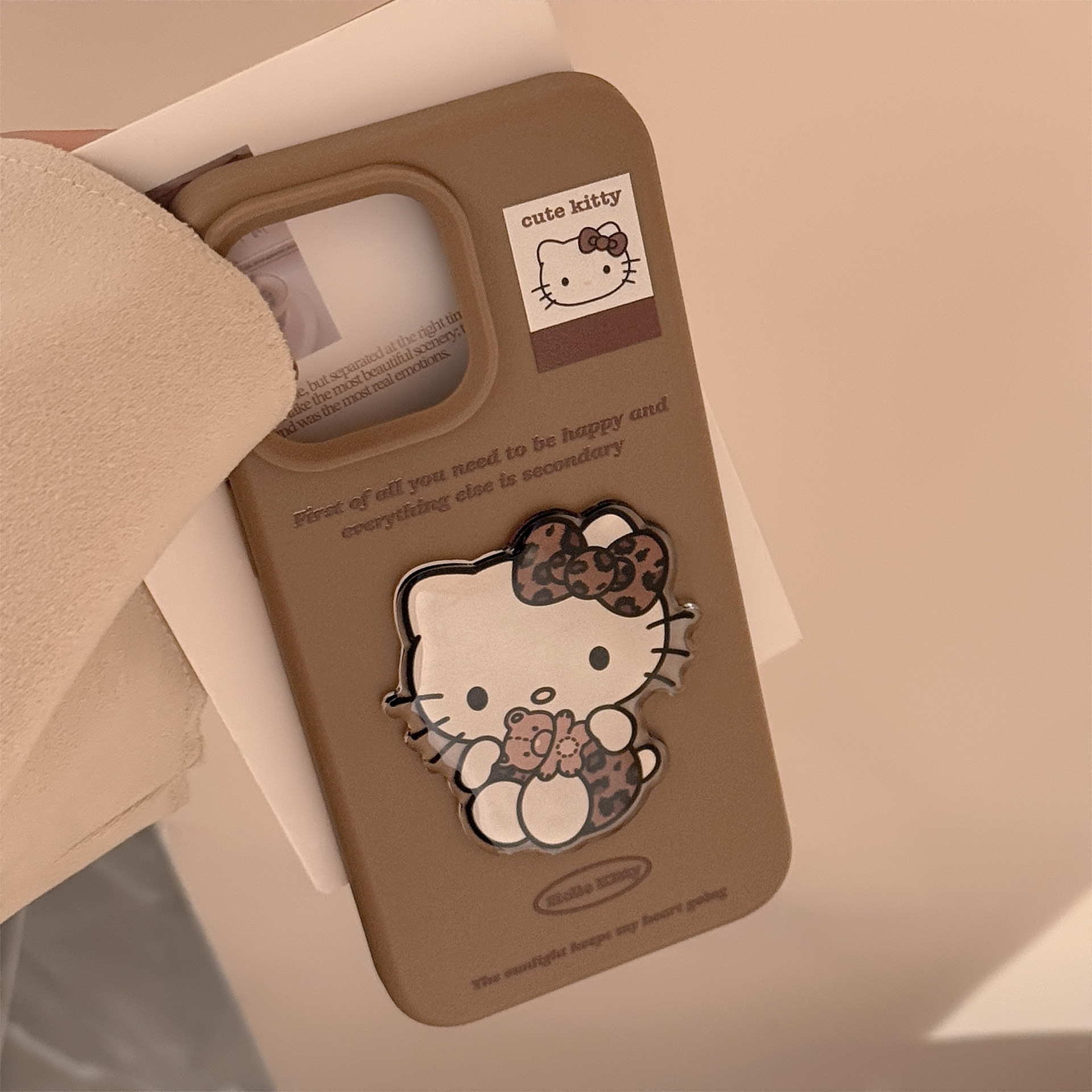 Suitable for Apple 17 mobile phone case brown leopard pattern cat sticker iphone14 stereo 15promax hanging chain