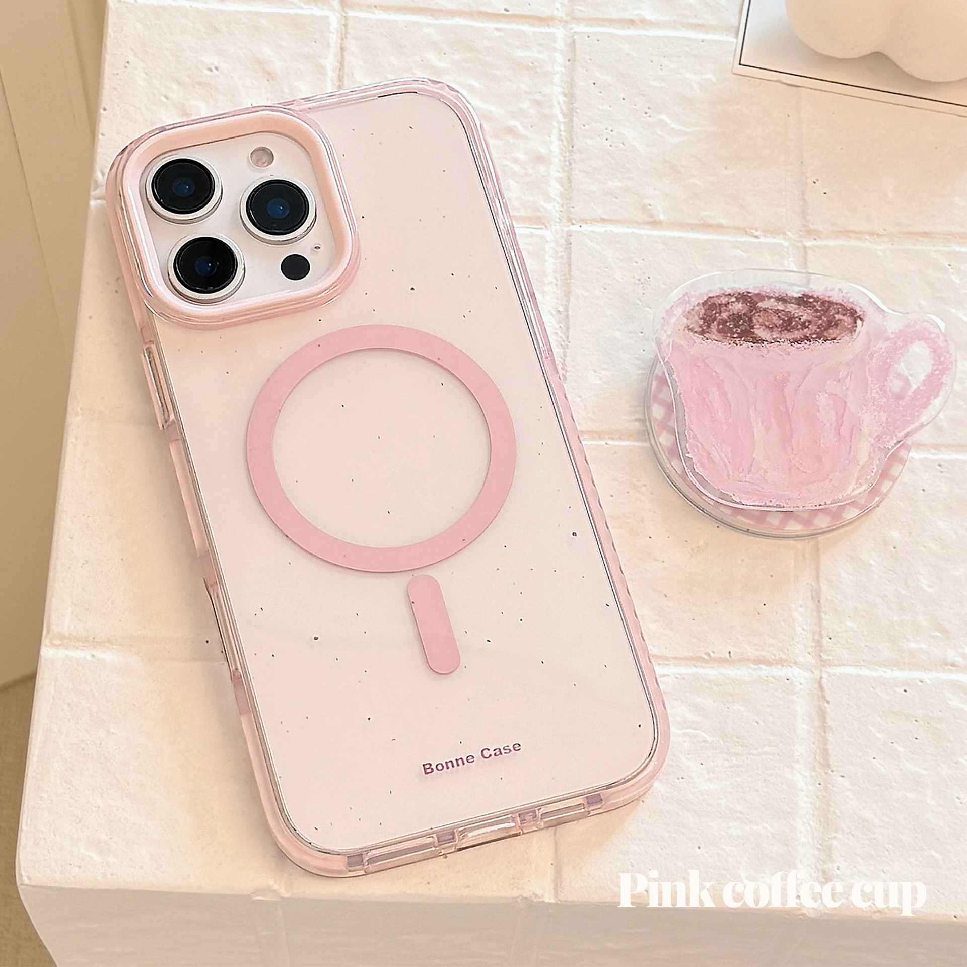 Magnetic bracket is suitable for Apple 16promax mobile phone case pink coffee cup iPhone17 anti-fall