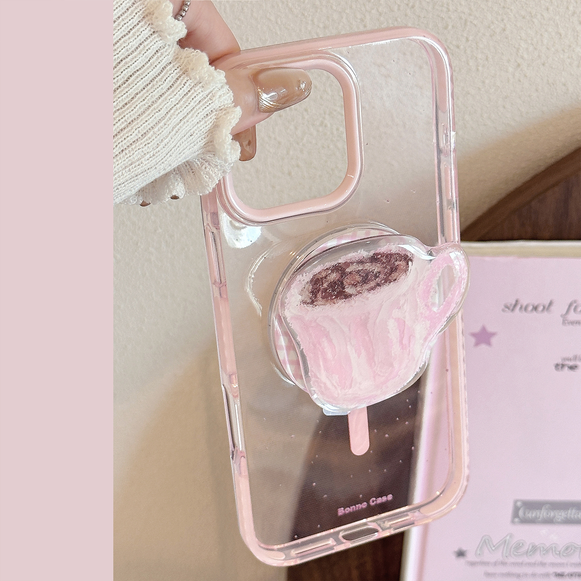 Magnetic bracket is suitable for Apple 16promax mobile phone case pink coffee cup iPhone17 anti-fall