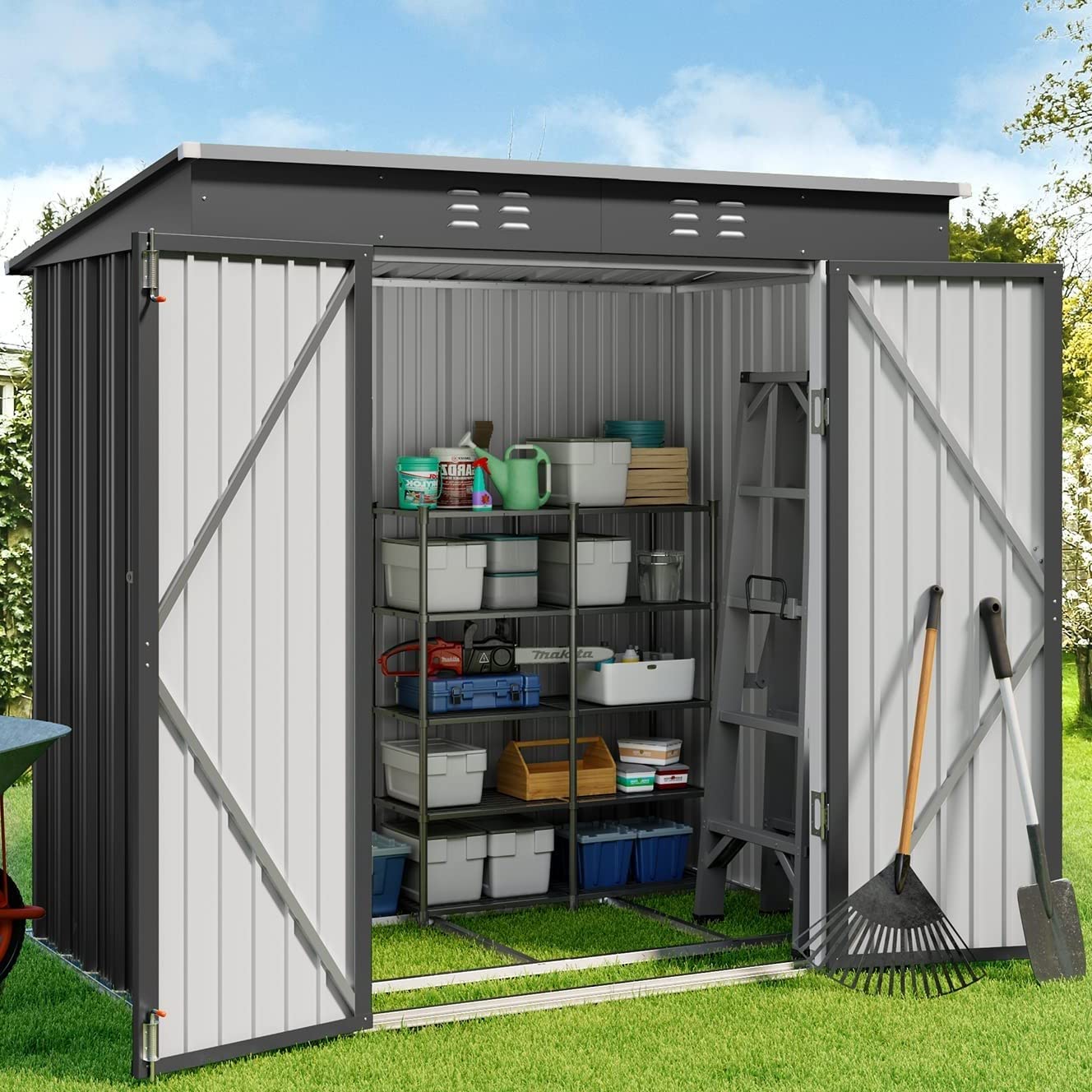 6' x 4' Outdoor Storage Shed, Metal Garden Tool Storage Shed with Double Lockable Doors, Brown