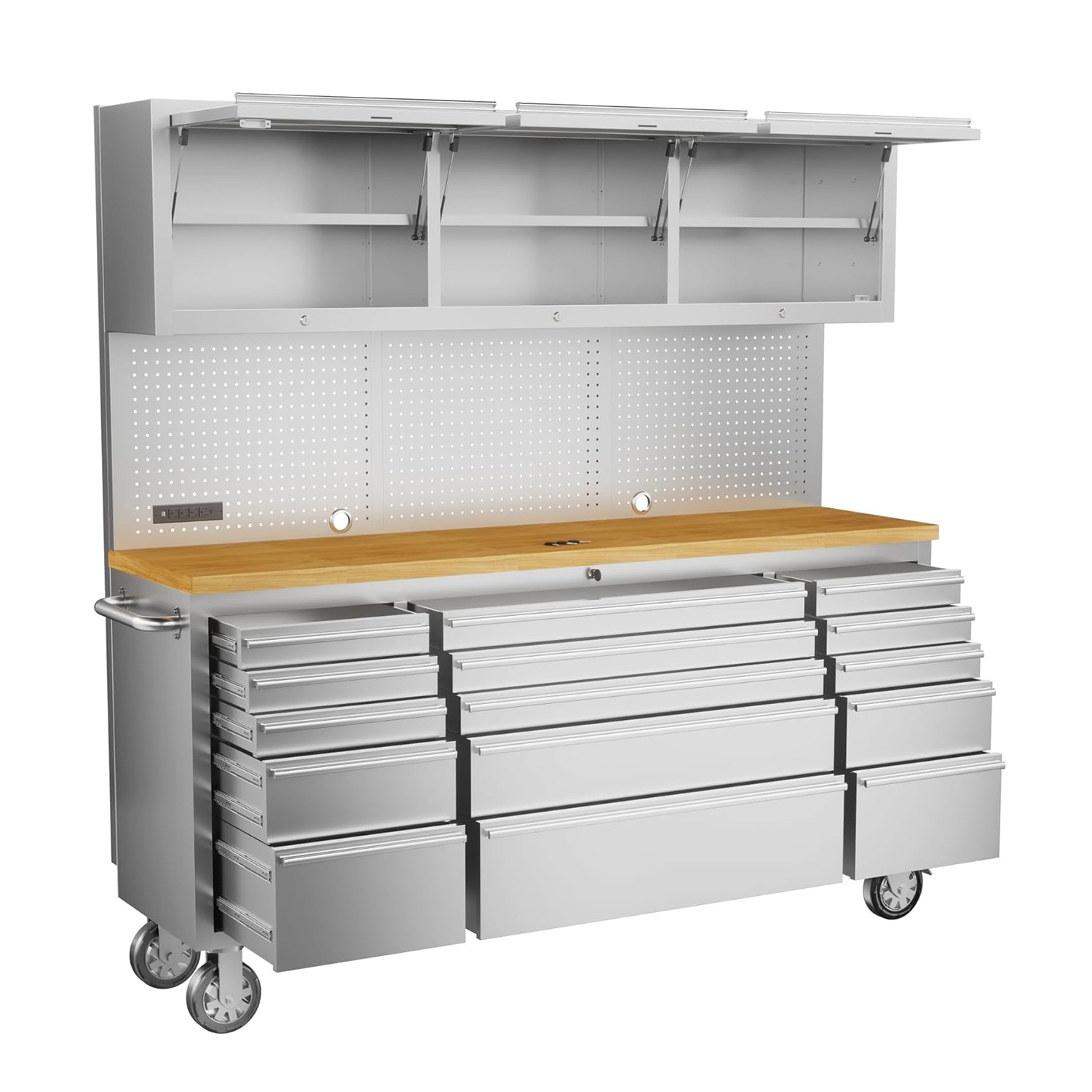 72-inch Rolling Tool Chest Cabinet Mobile Workbench with 15 Storage Drawers and Wheels 3 Uper Cabinet Outlet SS Pegboard Tool Box for Garage