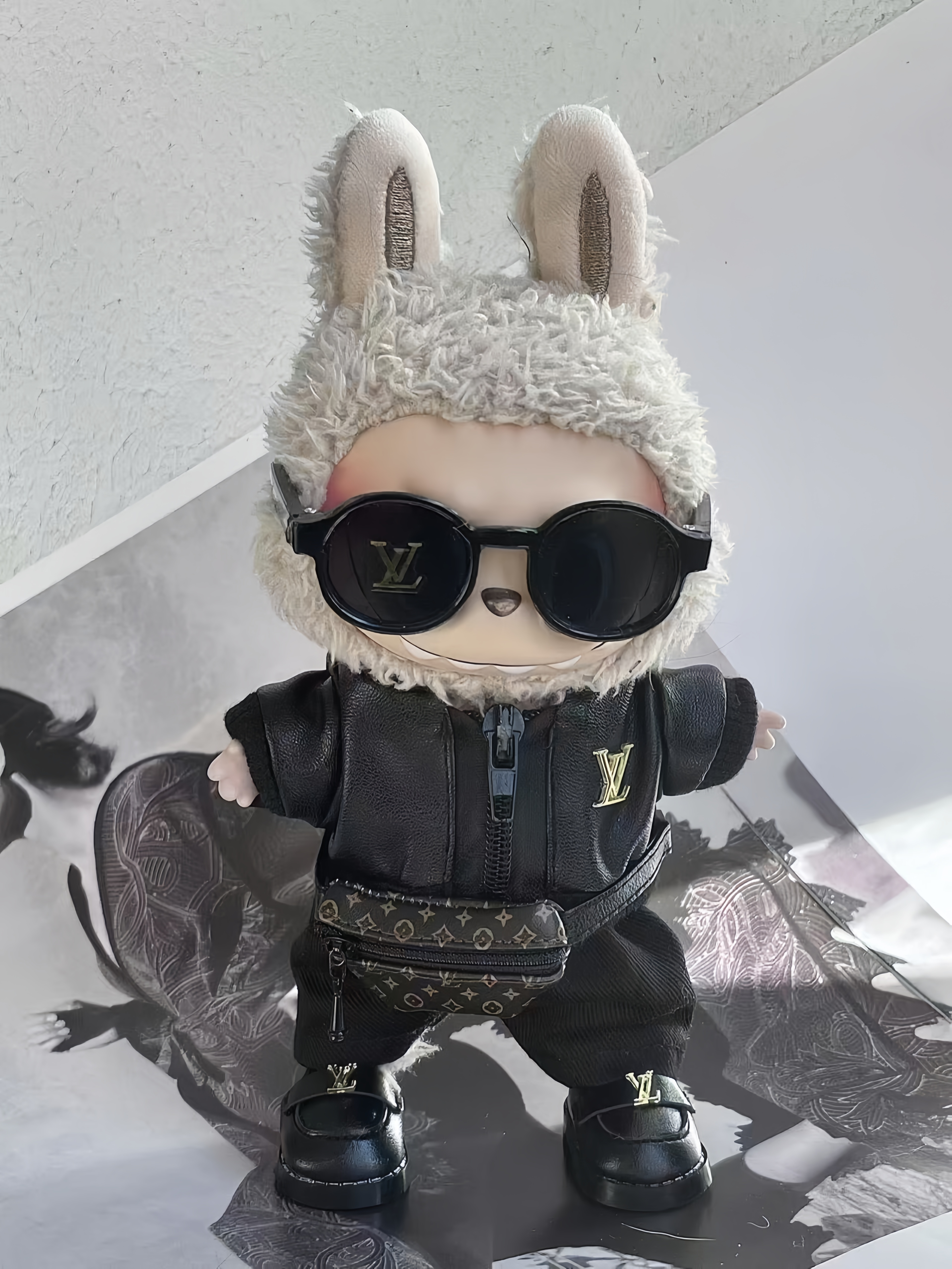 LABUBU Outfits Black LV  Leather jacket