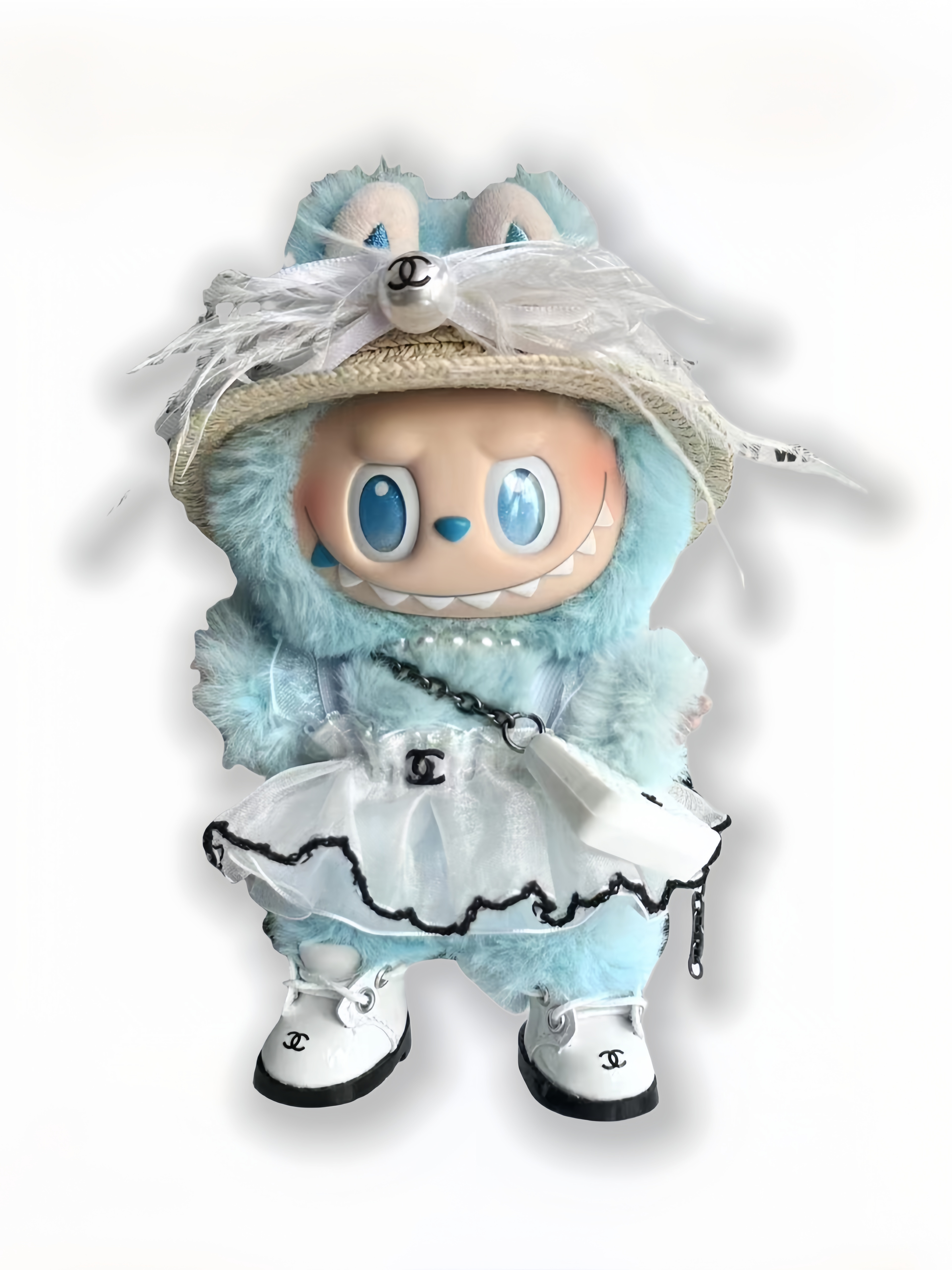 LABUBU Clothes Chanel Feather Hat Mesh Dress Outfit