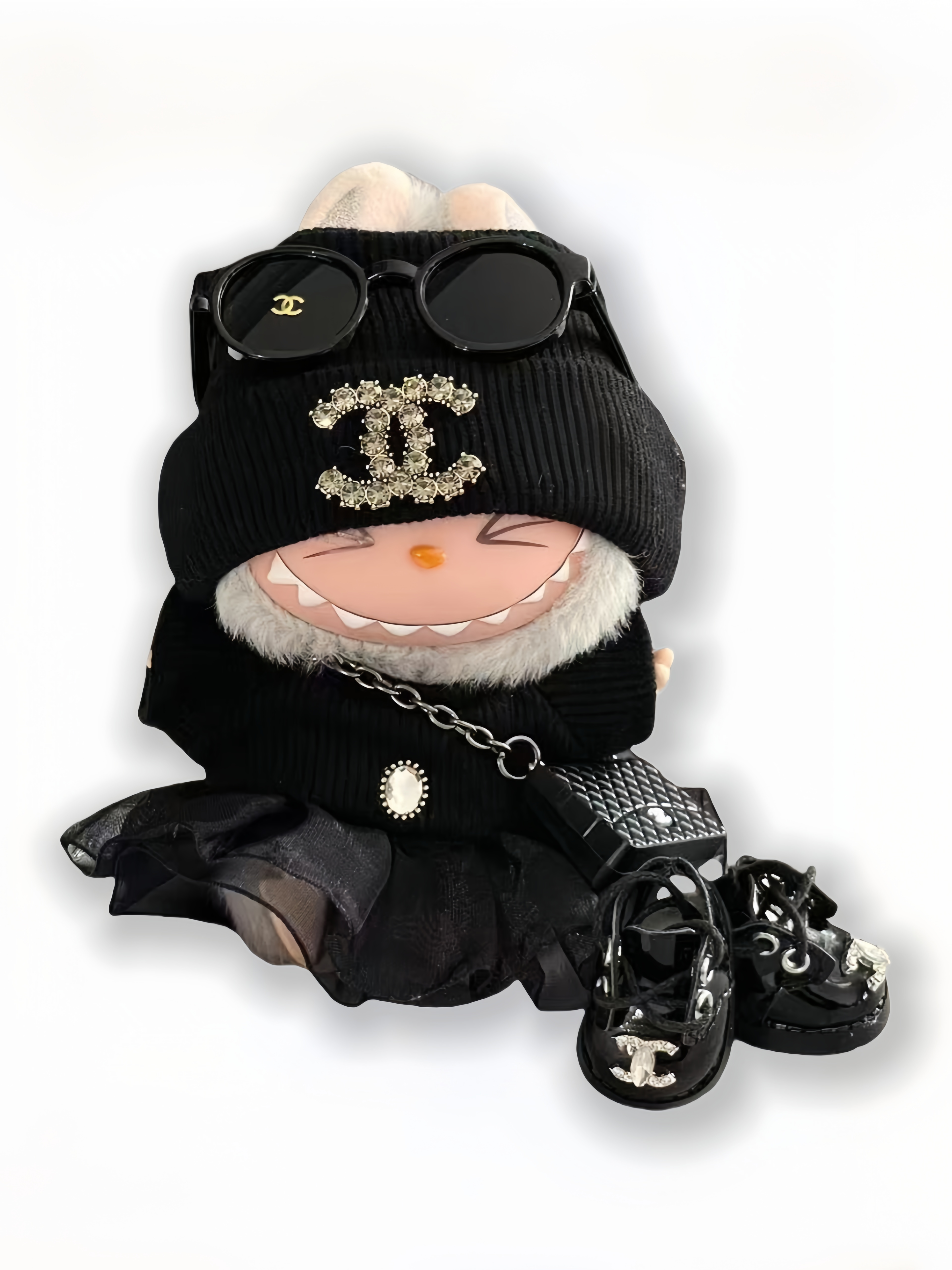 LABUBU Clothes Chanel Sparkling Logo Black Outfit