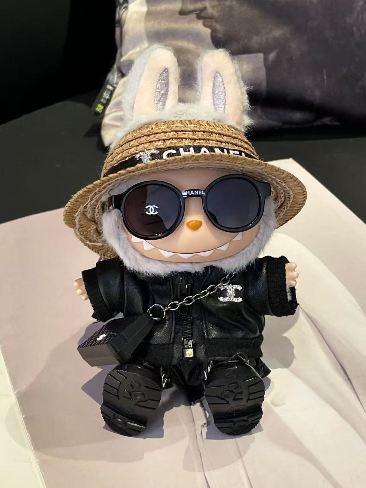 LABUBU Clothes Chanel Edgy Leather & Straw Hat Outfit