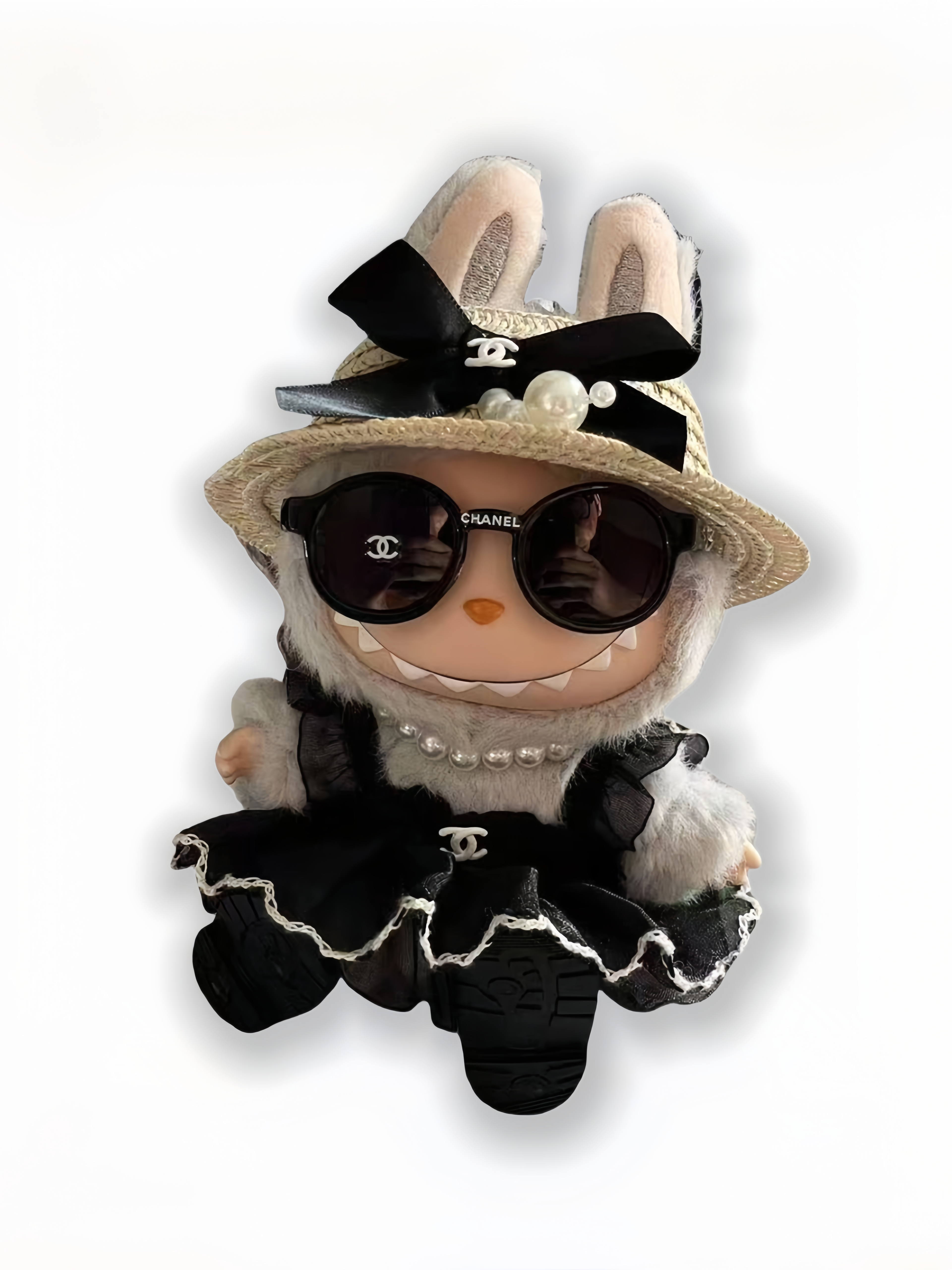 LABUBU Clothes Chanel Feather Hat Mesh Dress Outfit