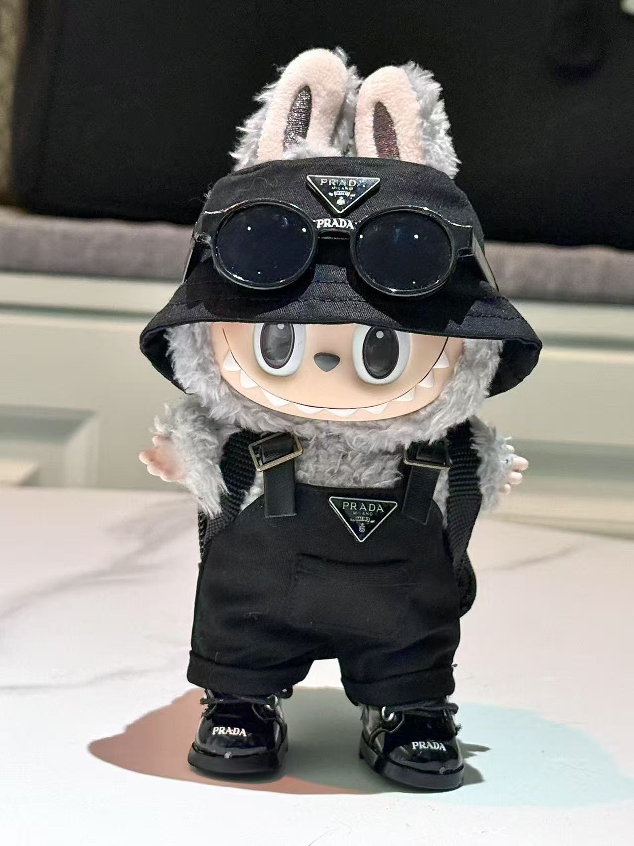 LABUBU Clothes Prada Chic Black Fisherman Hat& Overalls Outfit