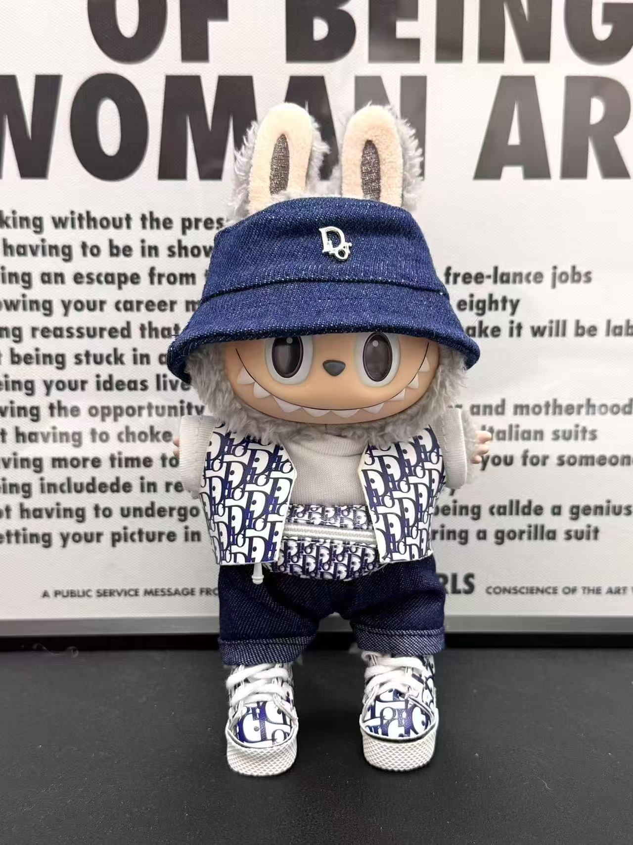 LABUBU Clothes Dior - inspired Denim Hat & Patterned Vest Outfit