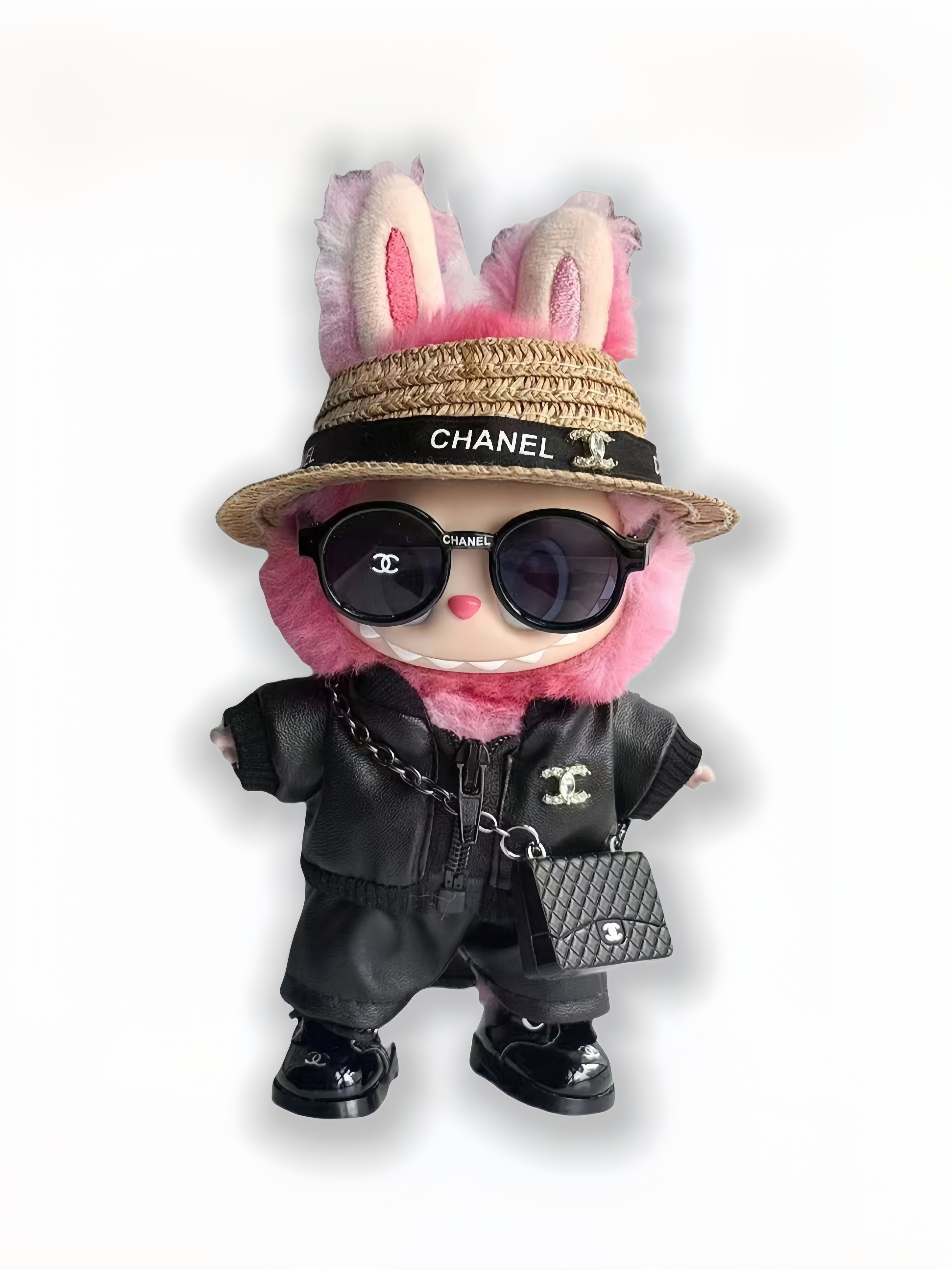 LABUBU Clothes Chanel Edgy Leather & Straw Hat Outfit