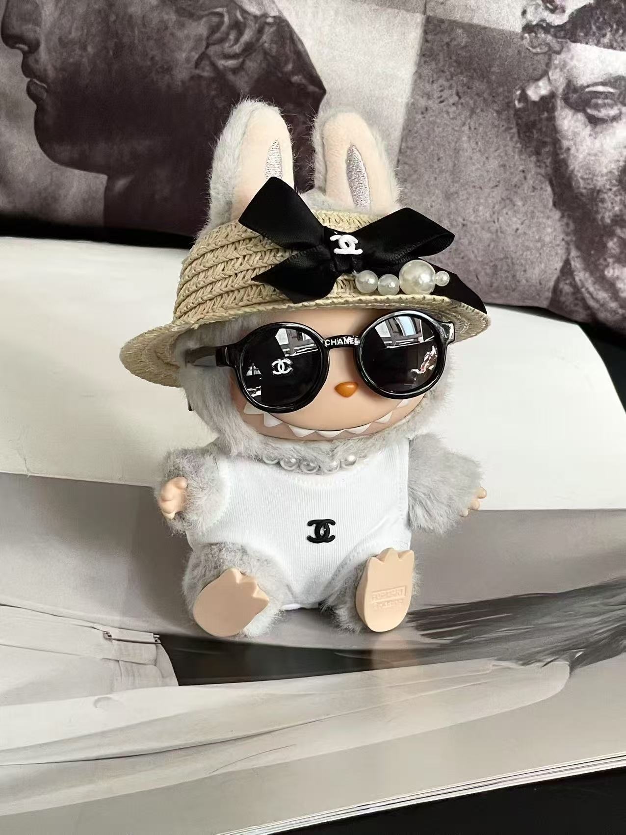 LABUBU Clothes Chanel Sunglasses - Straw Hat Bodysuit Set