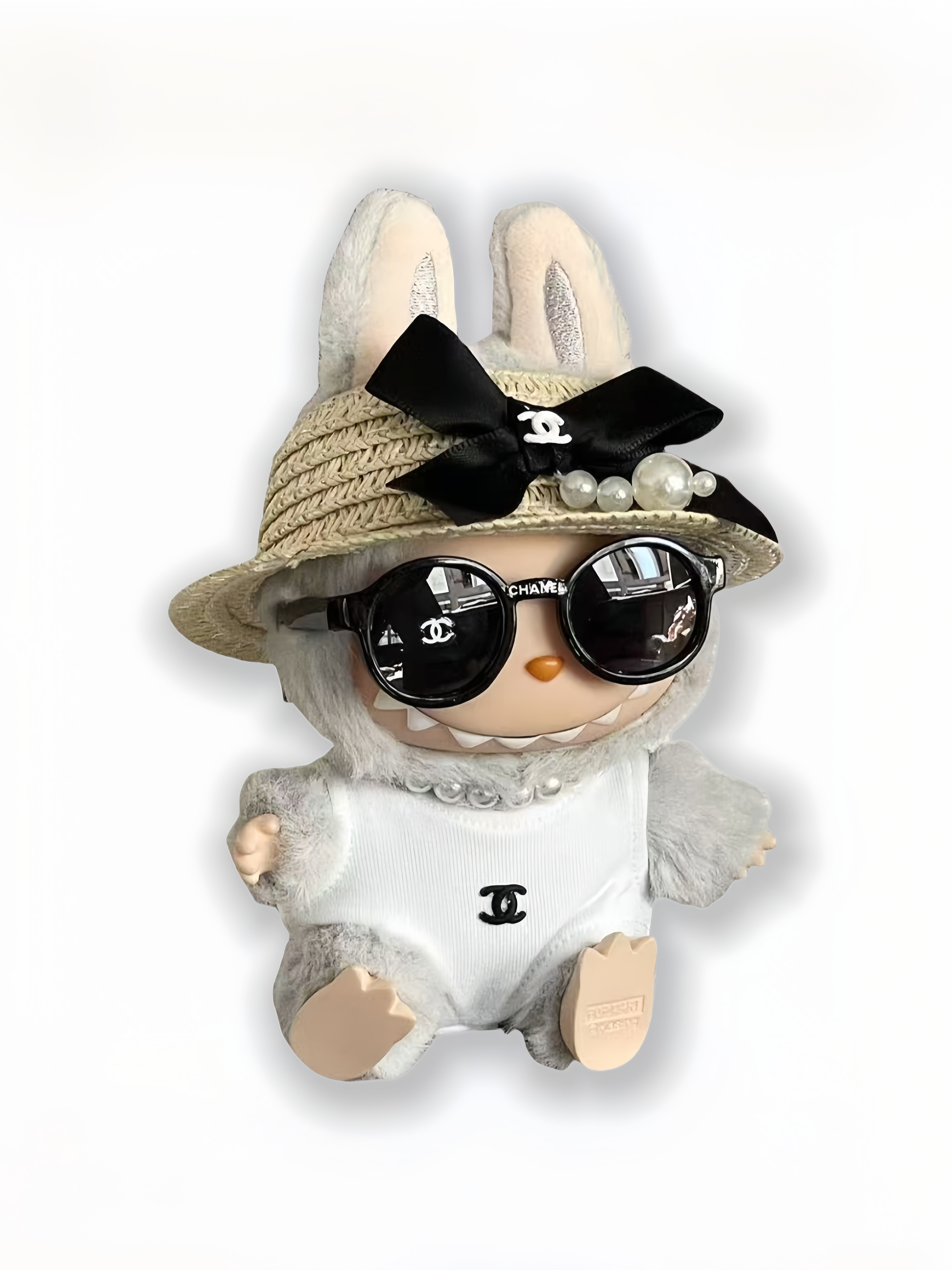 LABUBU Clothes Chanel Sunglasses - Straw Hat Bodysuit Set
