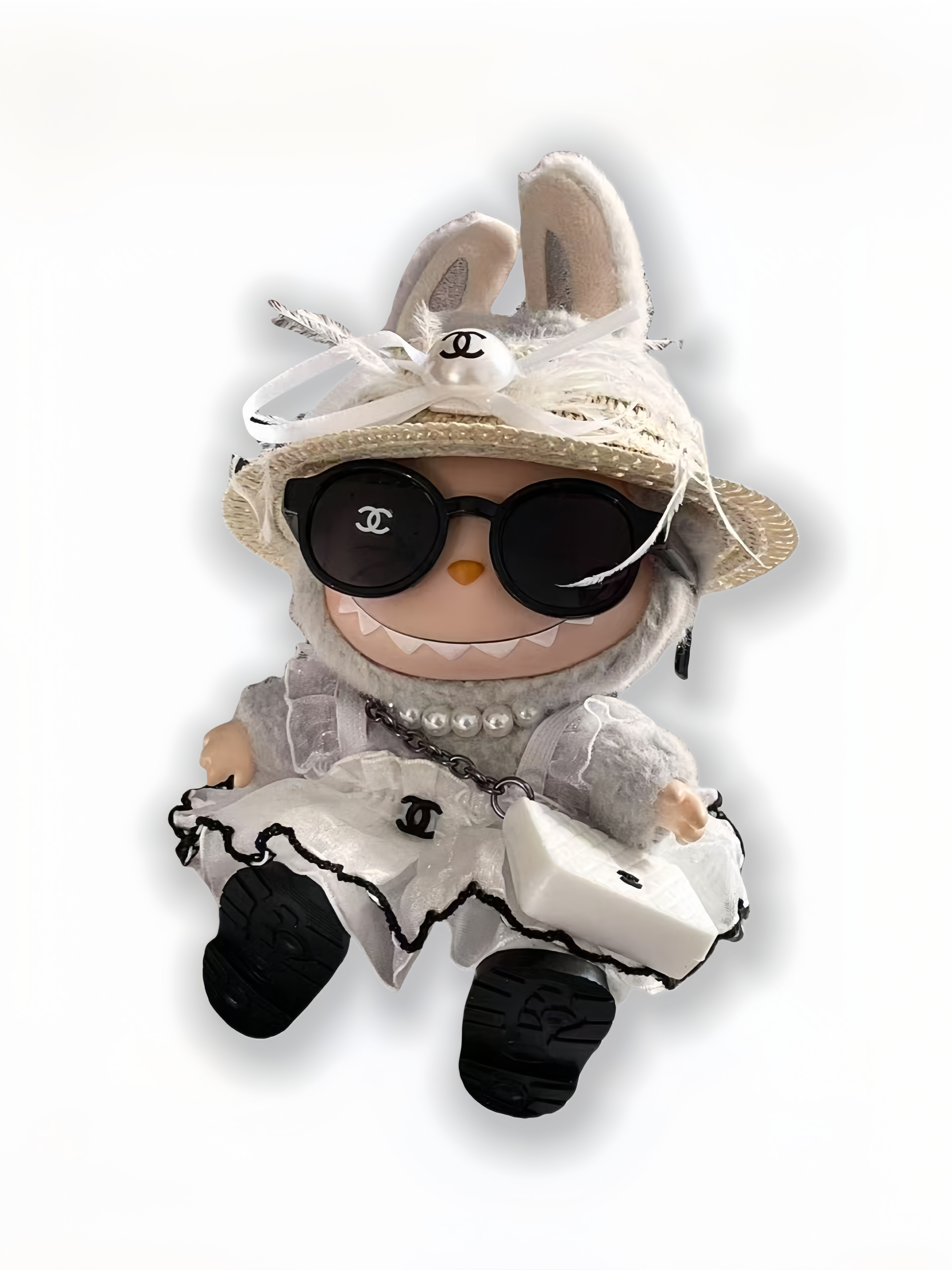 LABUBU Clothes Chanel Feather Hat Mesh Dress Outfit