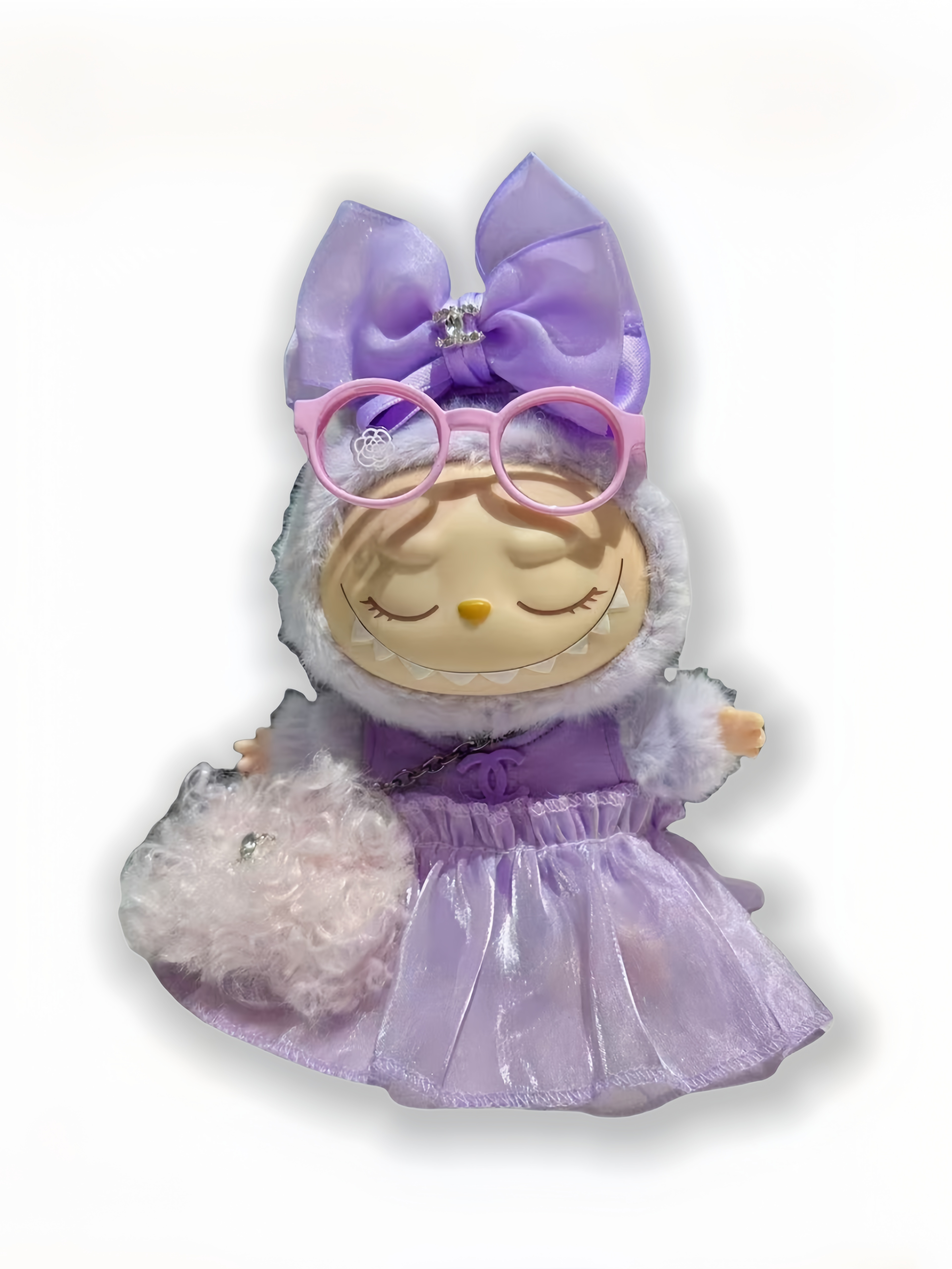 LABUBU Clothes Chanel Sweet Purple Bow Dress Outfit