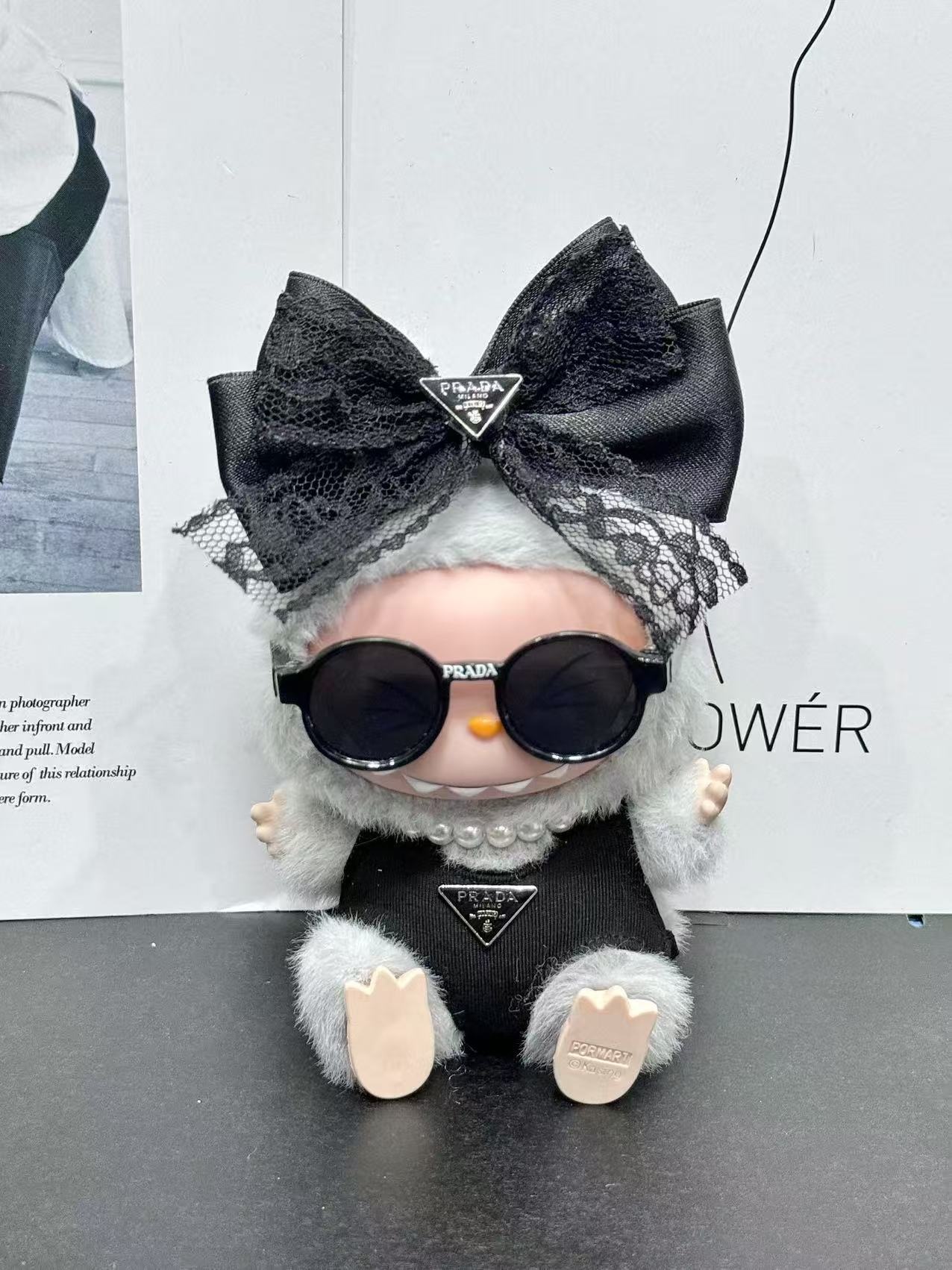 LABUBU Clothes Prada Black Lace Bow & Jumpsuit Set