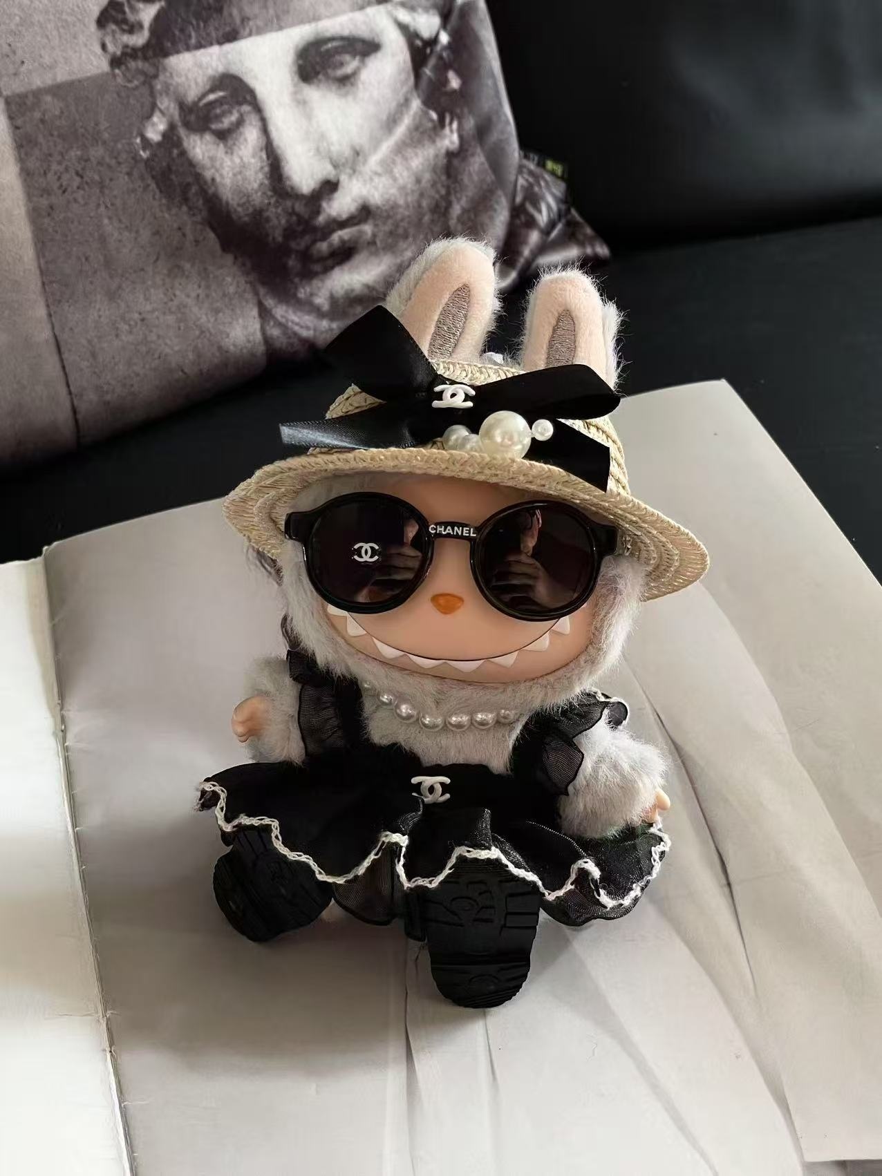 LABUBU Clothes Chanel Feather Hat Mesh Dress Outfit