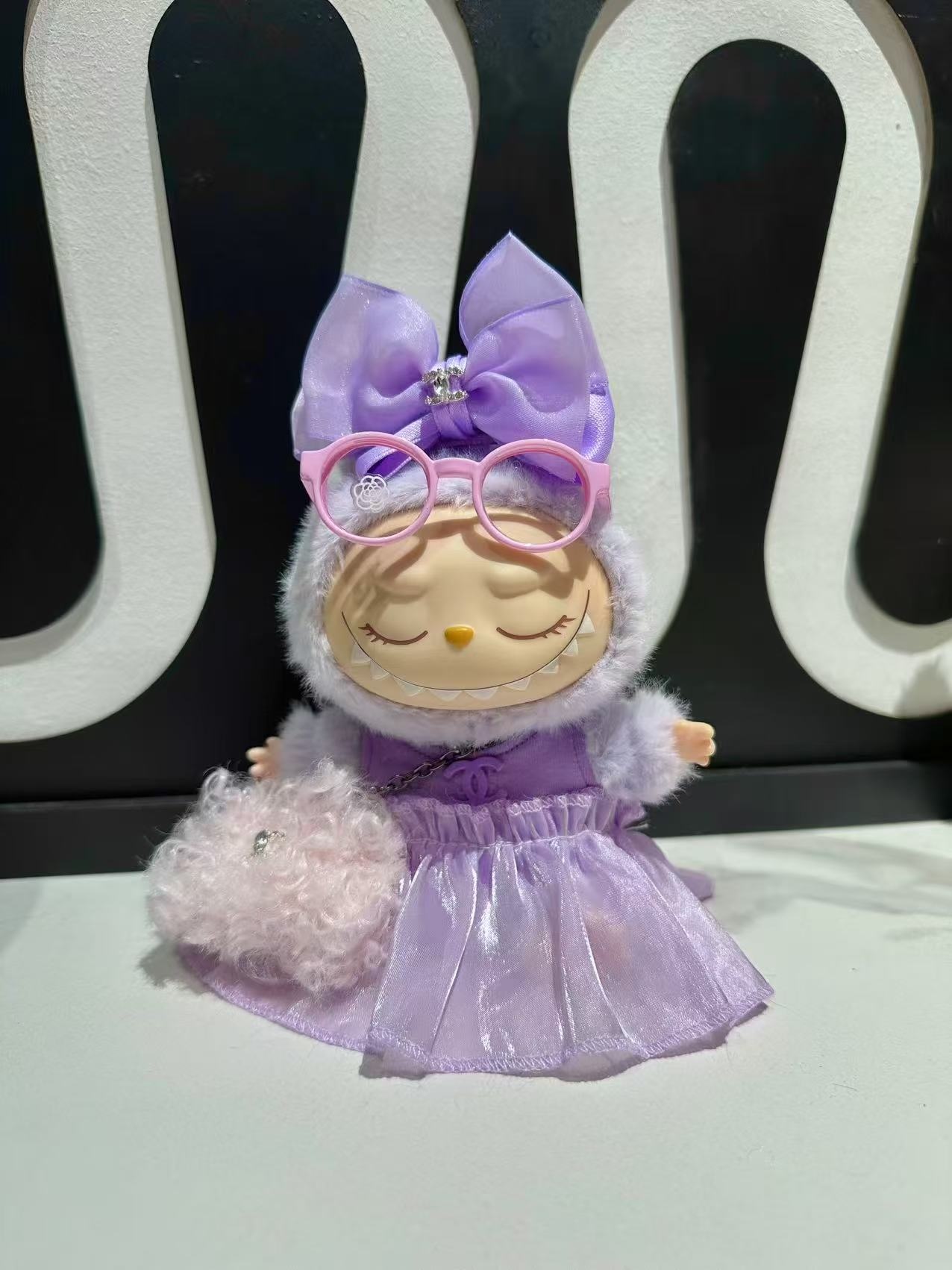 LABUBU Clothes Chanel Sweet Purple Bow Dress Outfit