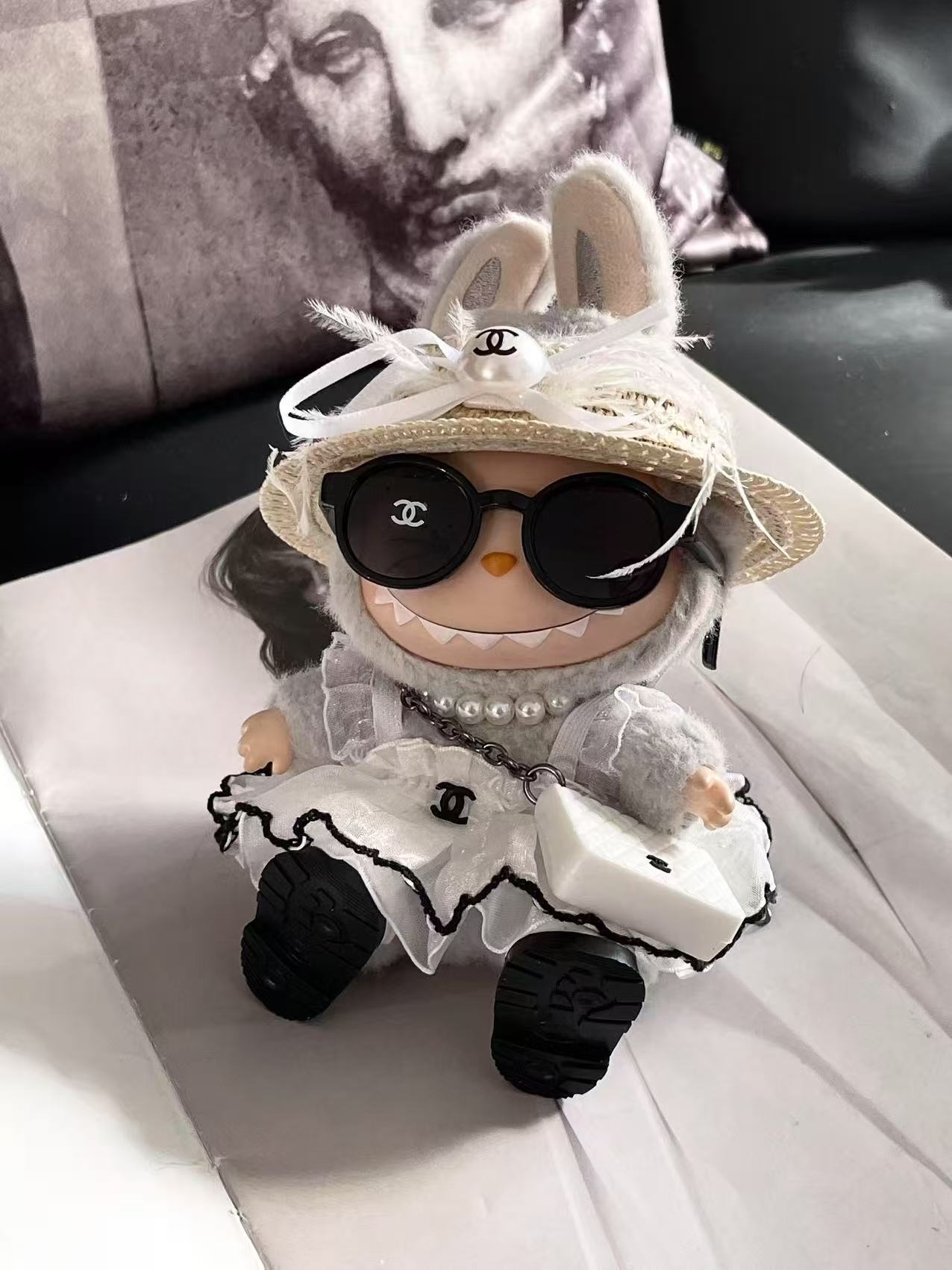 LABUBU Clothes Chanel Feather Hat Mesh Dress Outfit