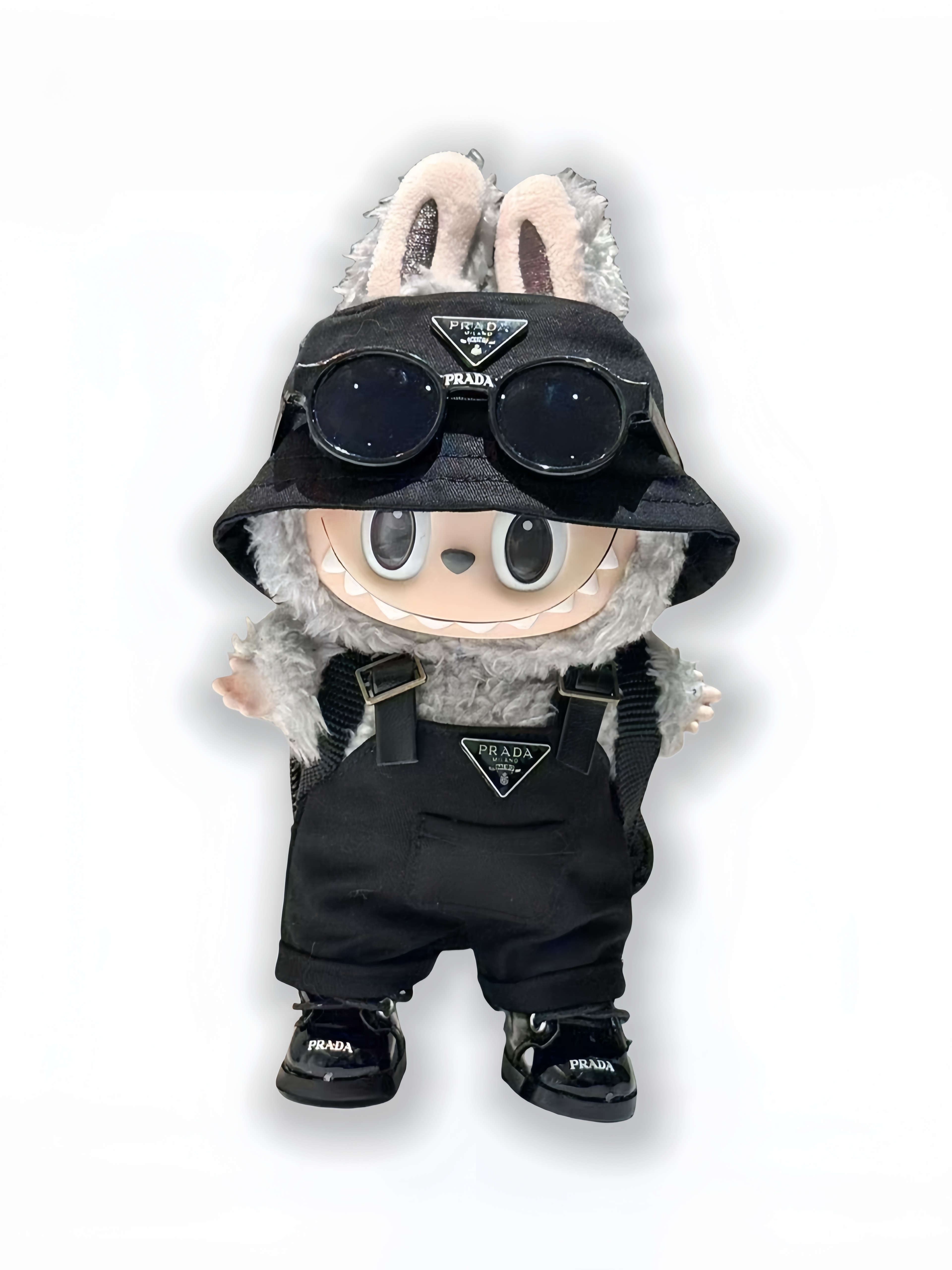LABUBU Clothes Prada Chic Black Fisherman Hat& Overalls Outfit