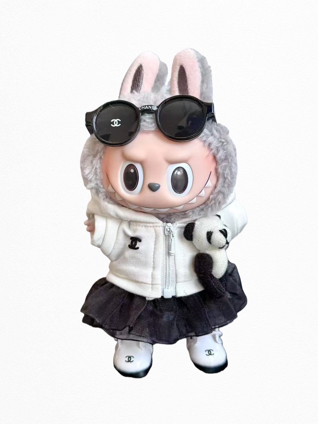 Sophisticted White-outwear &Black-skirt LABUBU Outfit