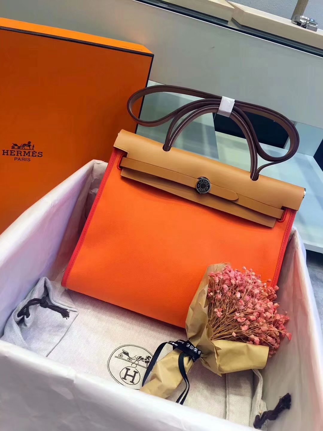 Top Replica Hermes Herbag 31cm Burgundy Canvas Bag Orange and Coffee