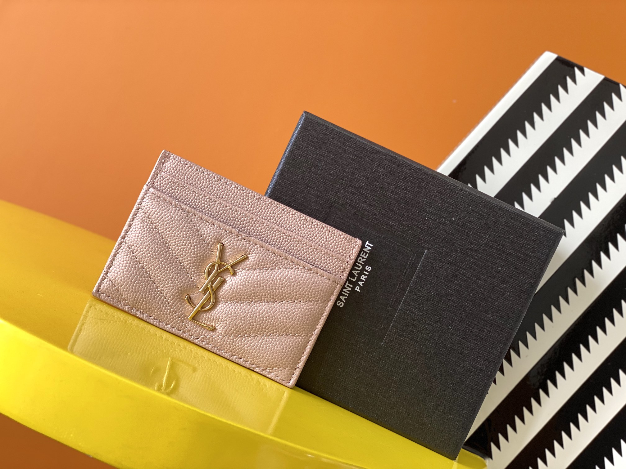 YSL CASSANDRE SAINT LAURENT MATELASSÉ CARD CASE IN GRAIN DE POUDRE EMBOSSED LEATHER
