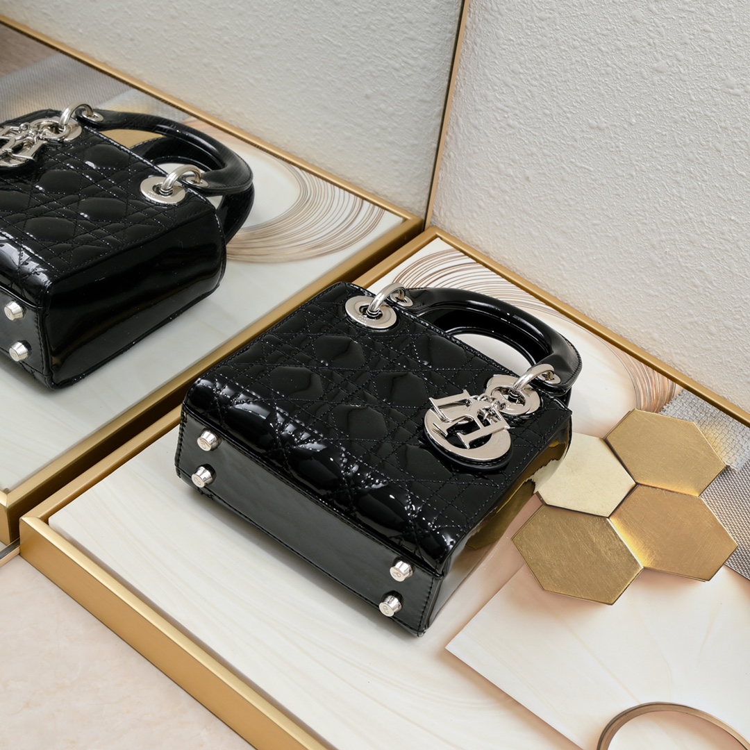 Mini Lady Dior Bag Black silver patent leather CD2025 XB071 17cm