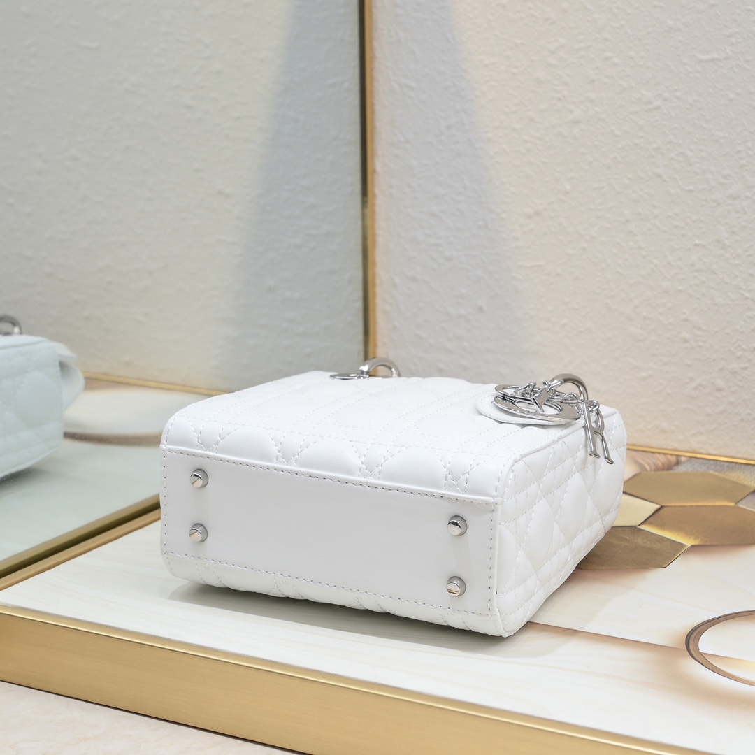 Mini Lady Dior Bag White Silver Sheepskin 2077 LM051 17cm