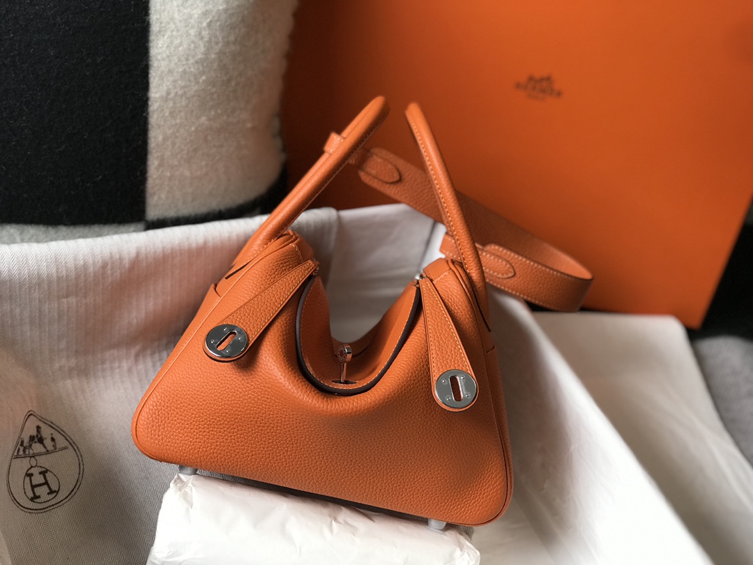 Original Copy Hermes Lindy Handbag Calfskin Orange with Gold and Sliver Hardware