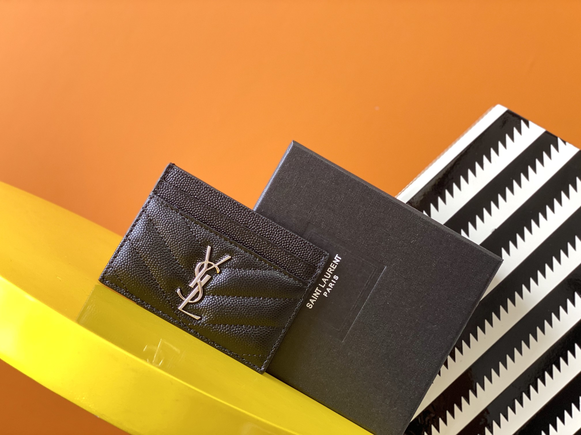 YSL CASSANDRE SAINT LAURENT MATELASSÉ CARD CASE IN GRAIN DE POUDRE EMBOSSED LEATHER