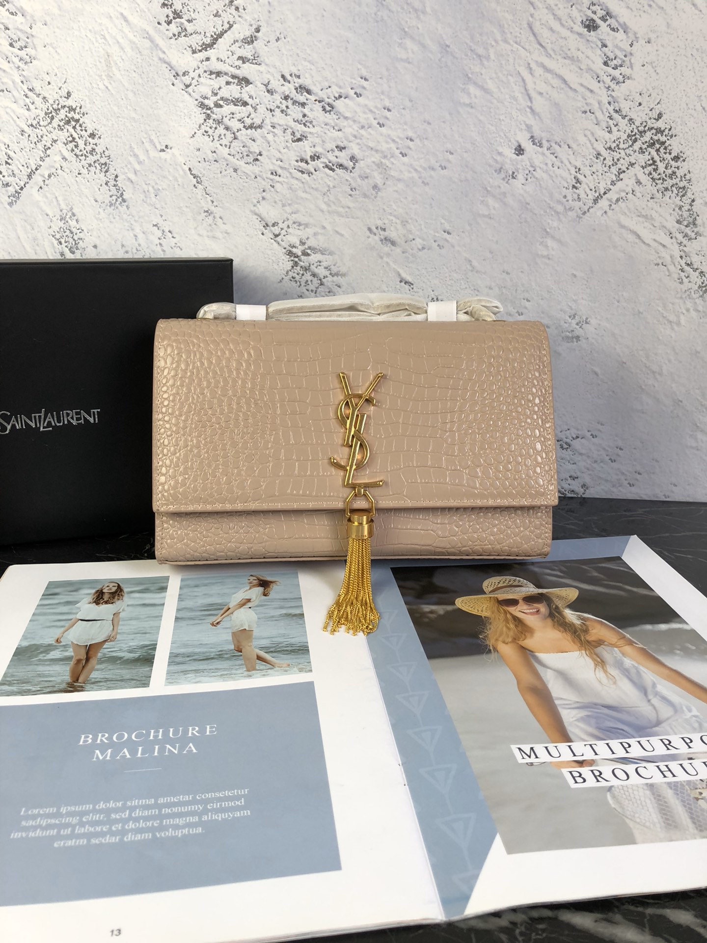 YSL KATE MEDIUM CHAIN BAG WITH TASSEL IN EMBOSSED CROCODILE SHINY LEATHER