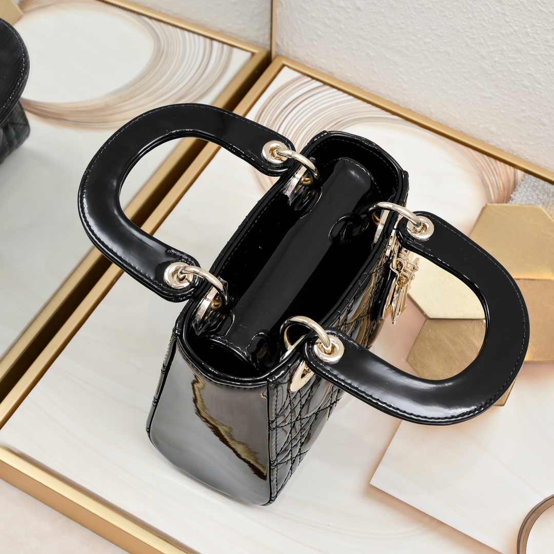 Mini Lady Dior Bag Black gold patent leather CD2025 XB071 17cm