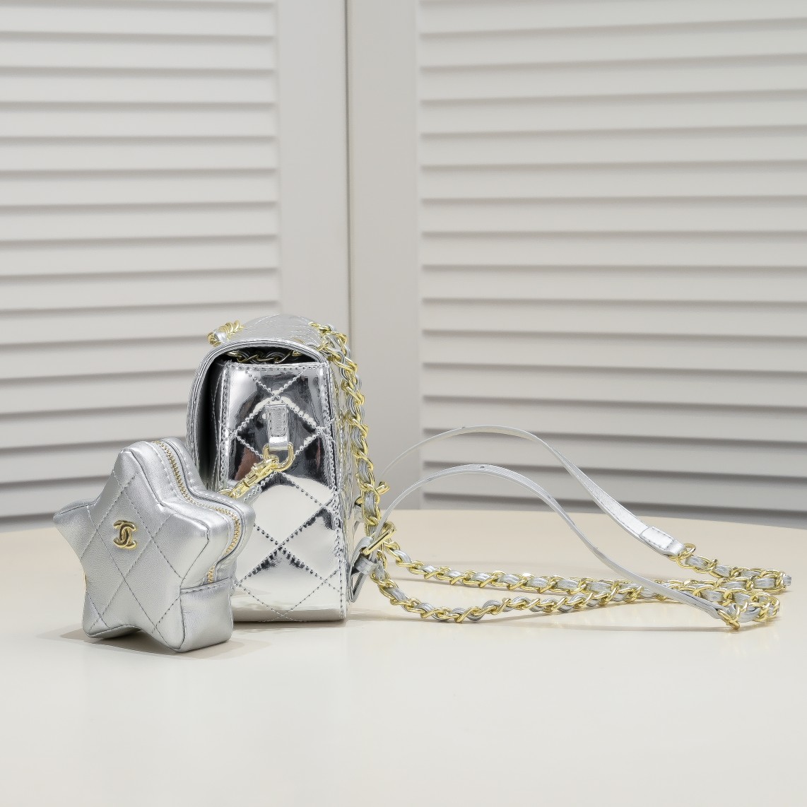 Chanel 24c CF Stars Bag Patent Leather Silver Shoulder Bag Handbag
