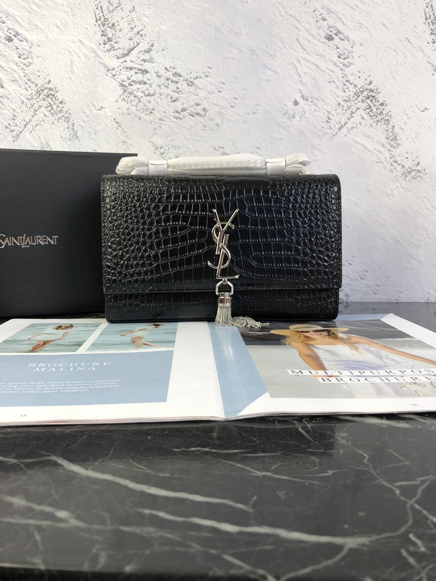 YSL KATE MEDIUM CHAIN BAG WITH TASSEL IN EMBOSSED CROCODILE SHINY LEATHER