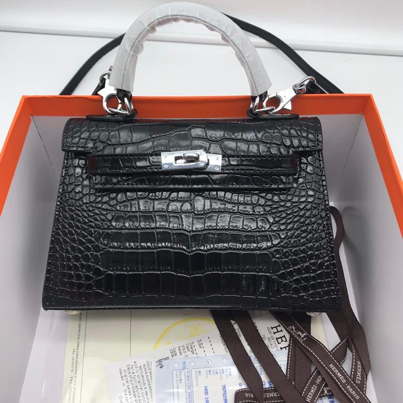 Hermes 22cm Kelly Bag Crocodile Stripe Handbag Black With Silver