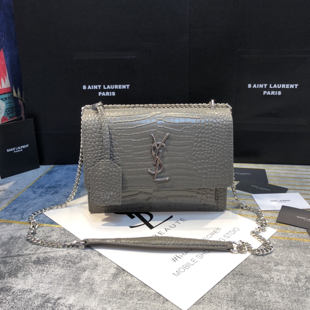 YSL SUNSET MEDIUM CHAIN BAG IN CROCODILE EMBOSSED SHINY LEATHER