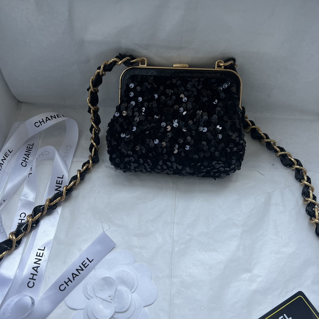 Chanel Bow Cute Clip Bag Sequins Cowhide