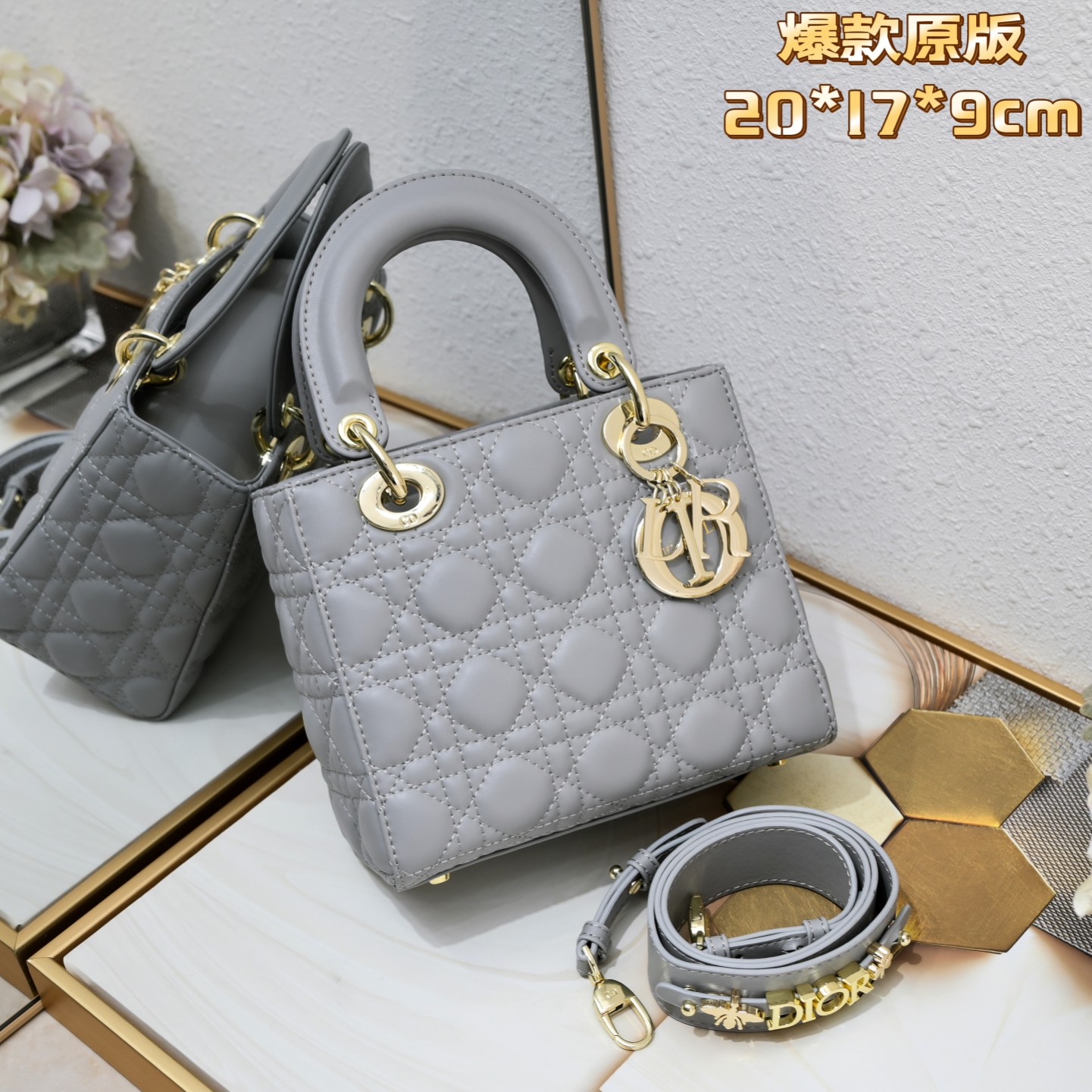 Small Lady Dior My ABCDior Bag Grey Sheepskin 1022 LM061 20cm