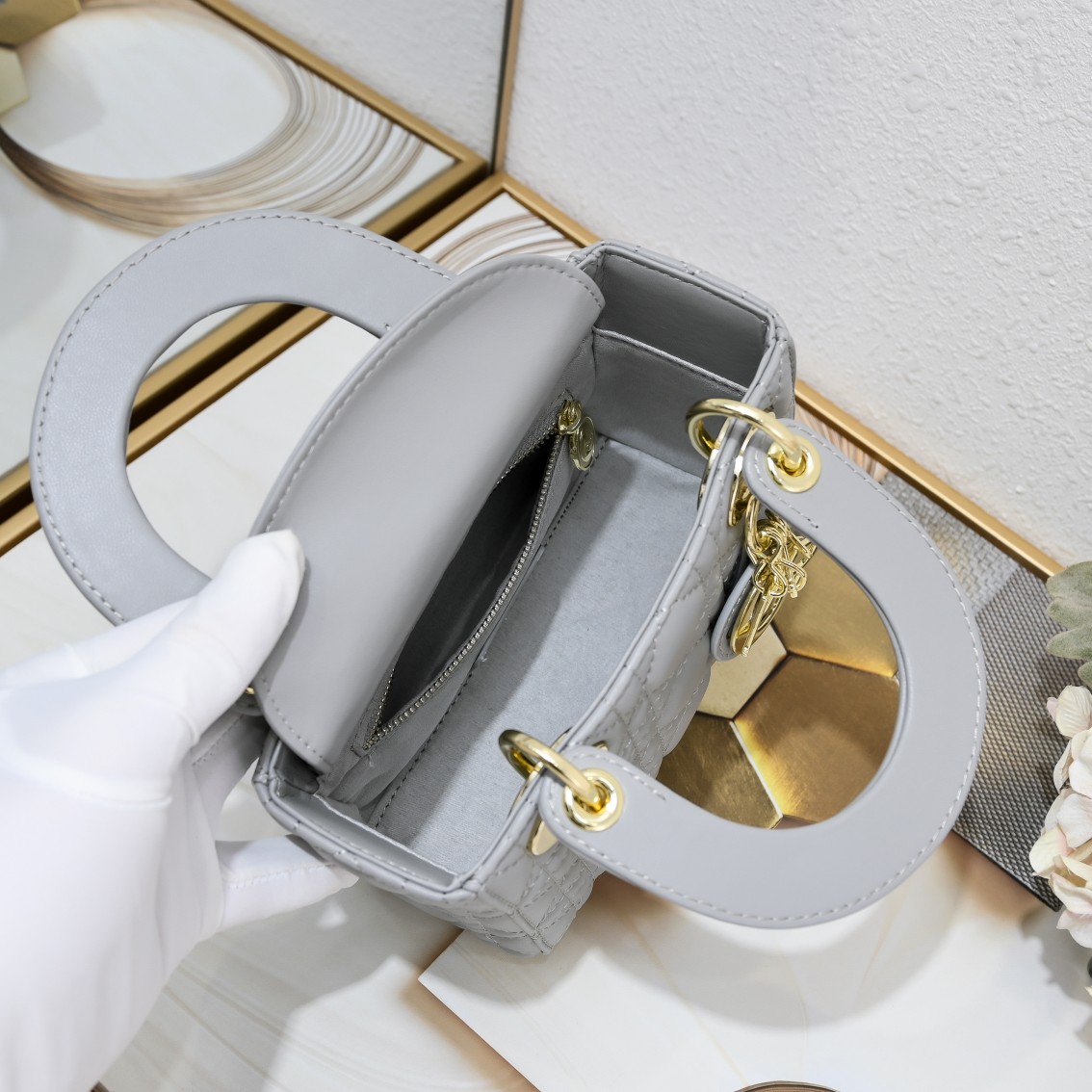 Mini Lady Dior Bag Grey Sheepskin 2077 LM051 17cm