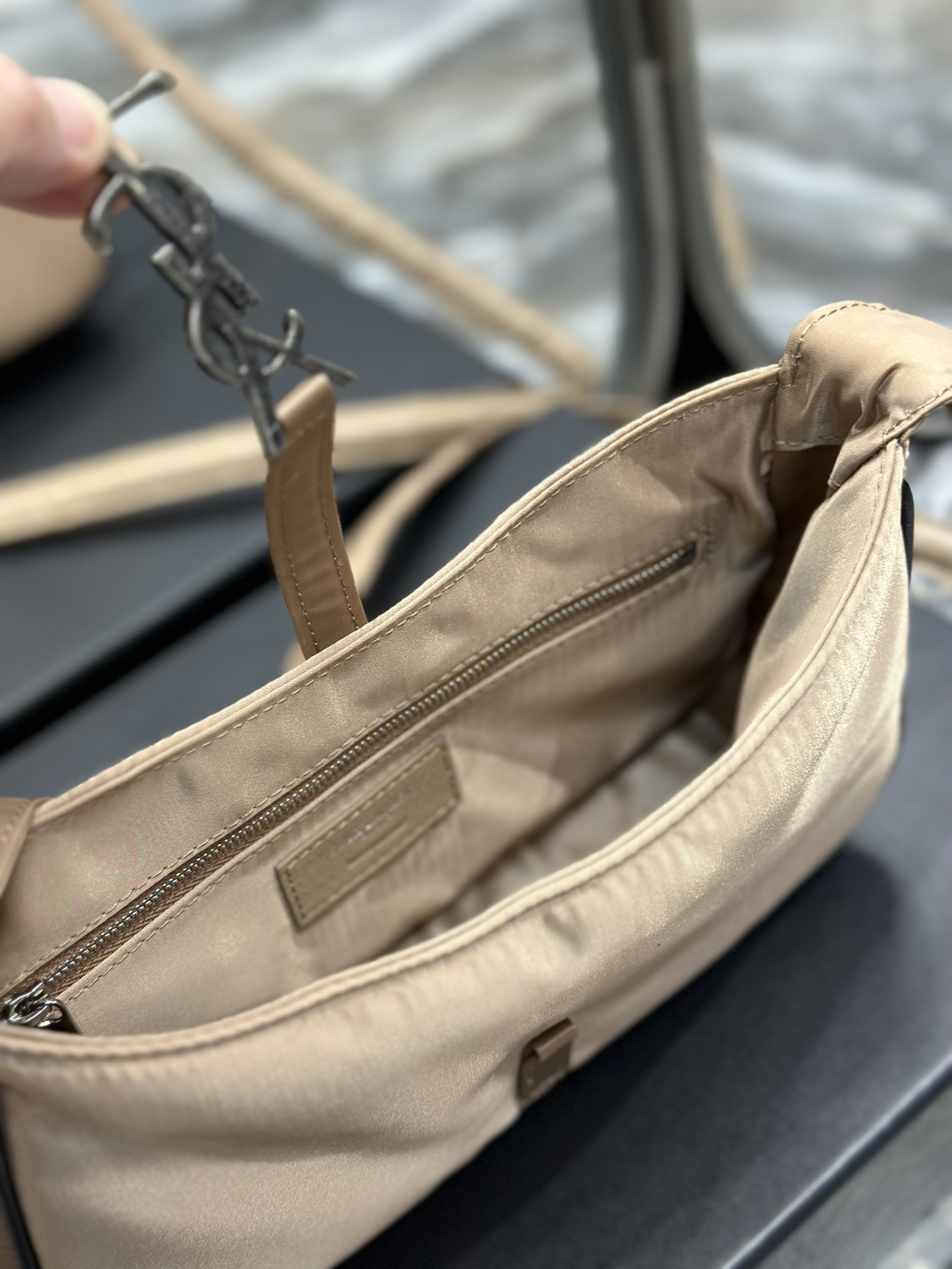 Saint Laurent 10A Handbag Shoulder Bag Top Mirror Quality Version Apricot Silver Buckle with Black Trim Nylon