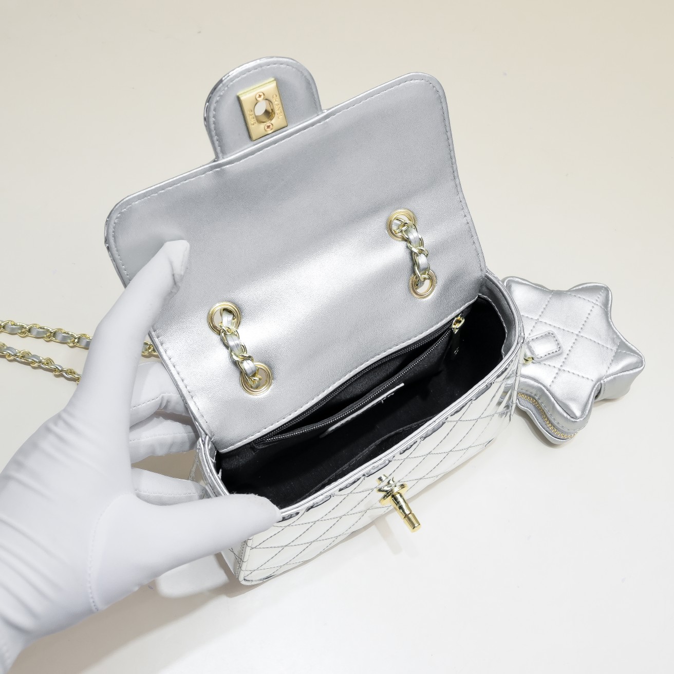 Chanel 24c Star Bag Mini CF Patent Leather Silver Shoulder Bag Handbag