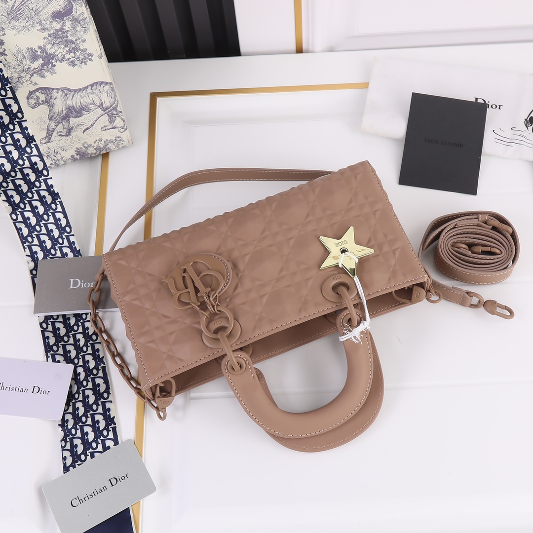 Medium Lady D-Joy Bag Khaki with Diamond Motif 2099 XB012 26cm