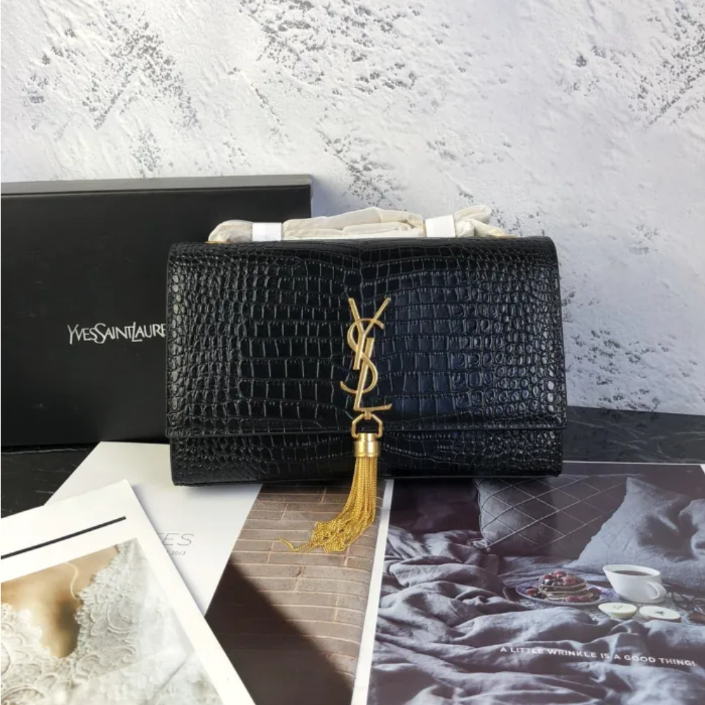 YSL KATE MEDIUM CHAIN BAG WITH TASSEL IN EMBOSSED CROCODILE SHINY LEATHER