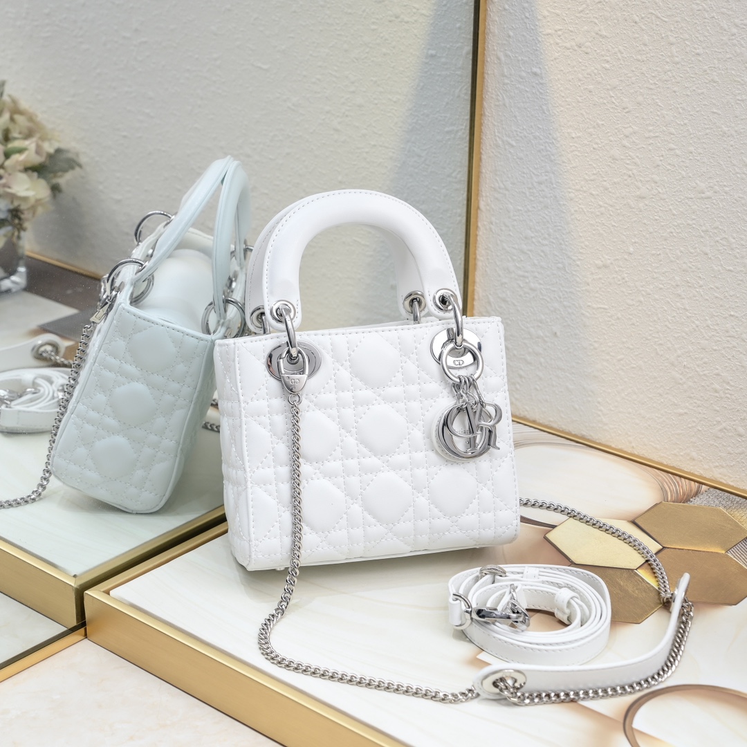 Mini Lady Dior Bag White Silver Sheepskin 2077 LM051 17cm