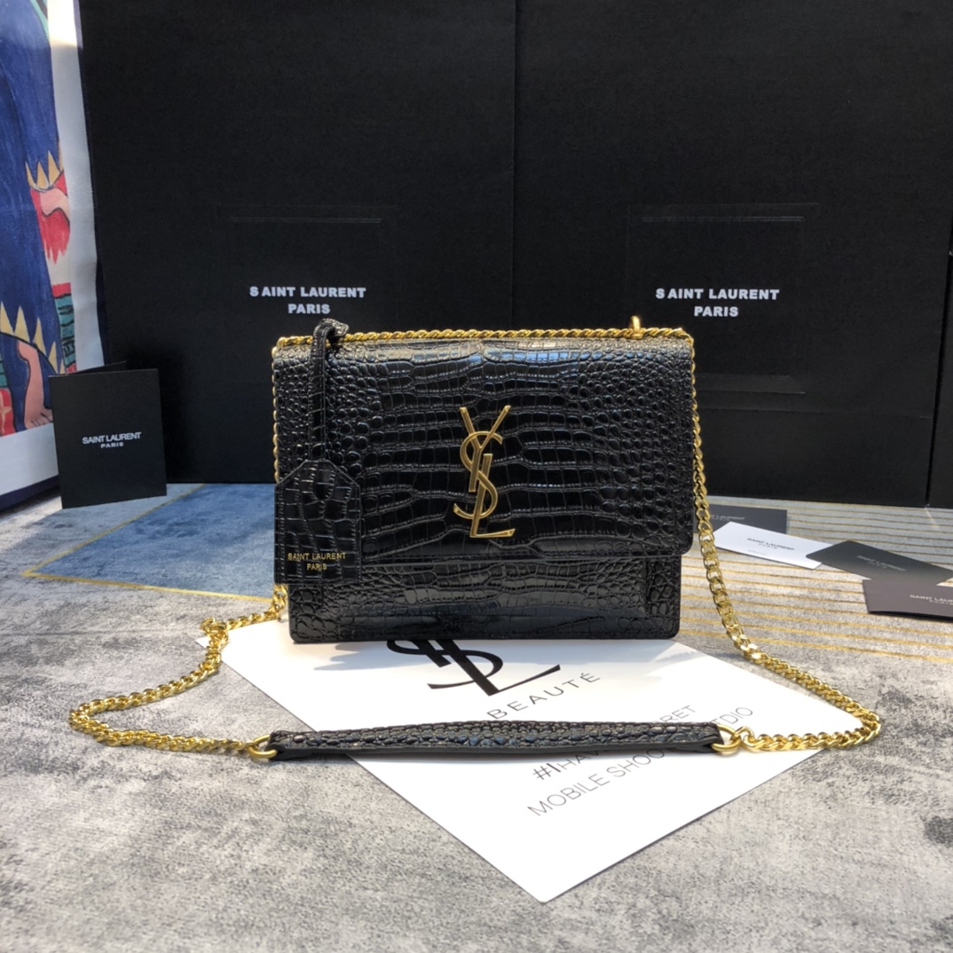 YSL SUNSET MEDIUM CHAIN BAG IN CROCODILE EMBOSSED SHINY LEATHER
