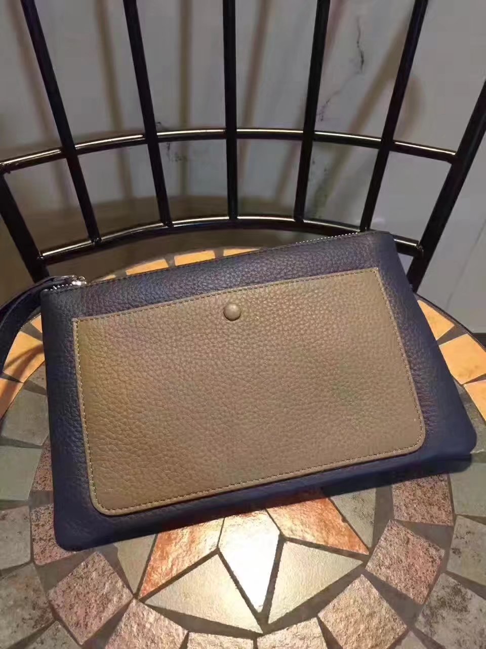 Hermes Leather 24cm Men???��s Pouch Khaki and Blue