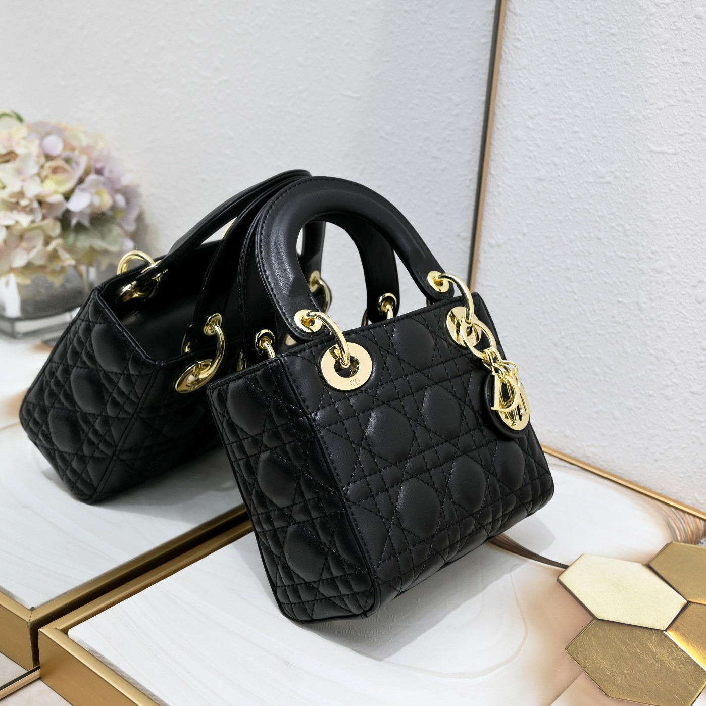 Mini Lady Dior Bag Black Gold Sheepskin 2077 LM051 17cm