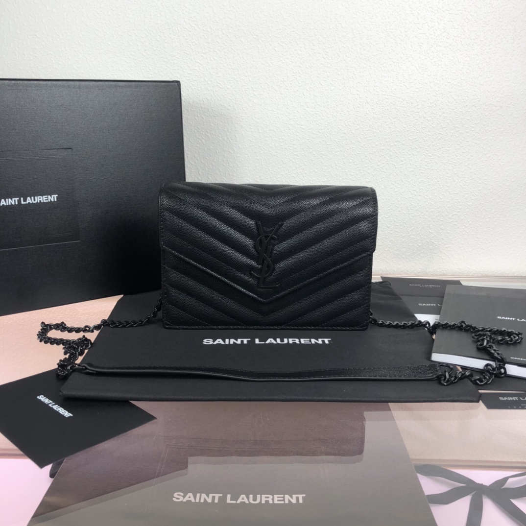 YSL CASSANDRE SAINT LAURENT MATELASSÉ ENVELOPE CHAIN WALLET IN GRAIN DE POUDRE EMBOSSED LEATHER 19CM